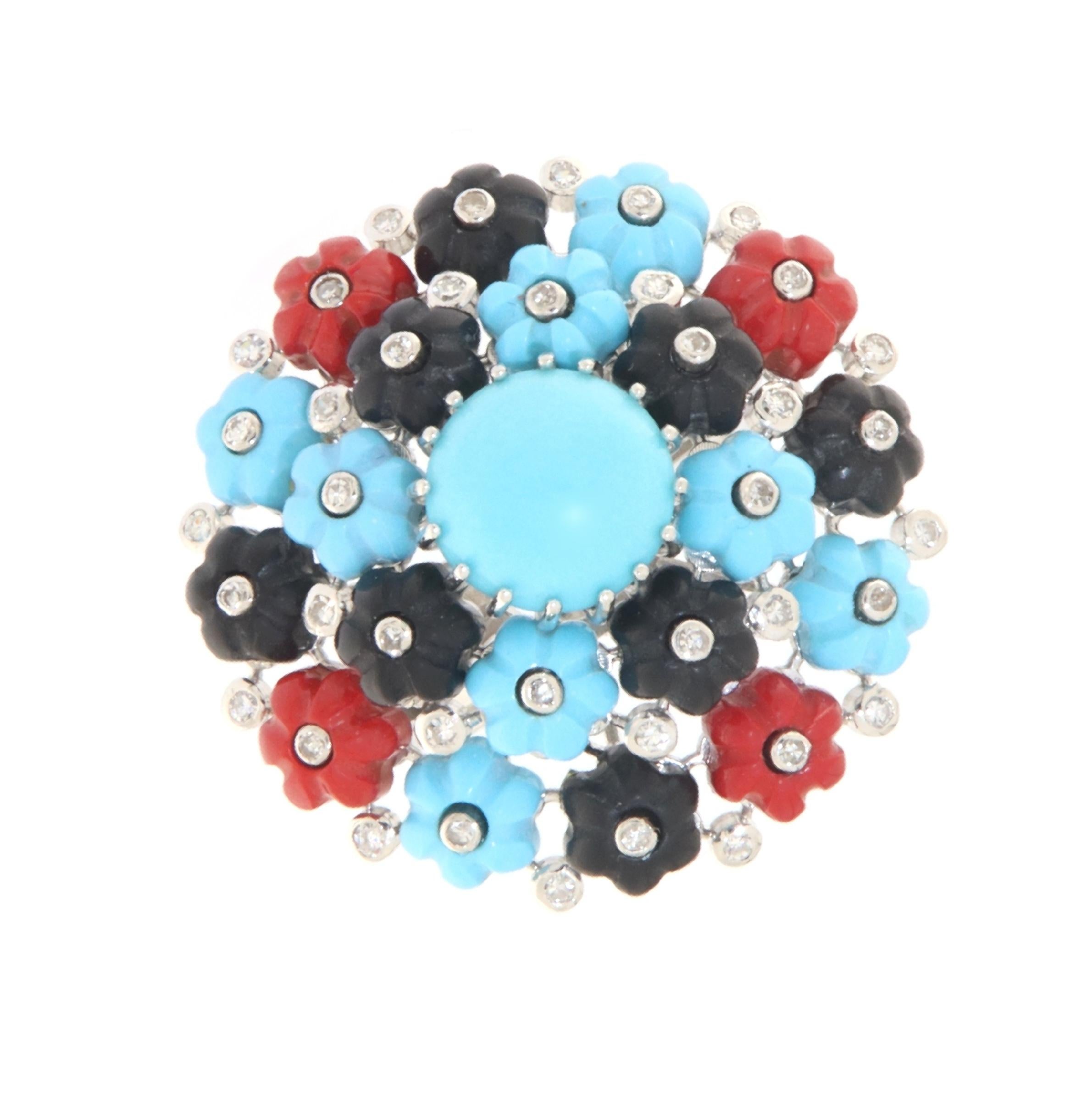 Brilliant Cut Turquoise Diamonds Coral Onyx 18 Karat White Gold Cocktail Ring For Sale