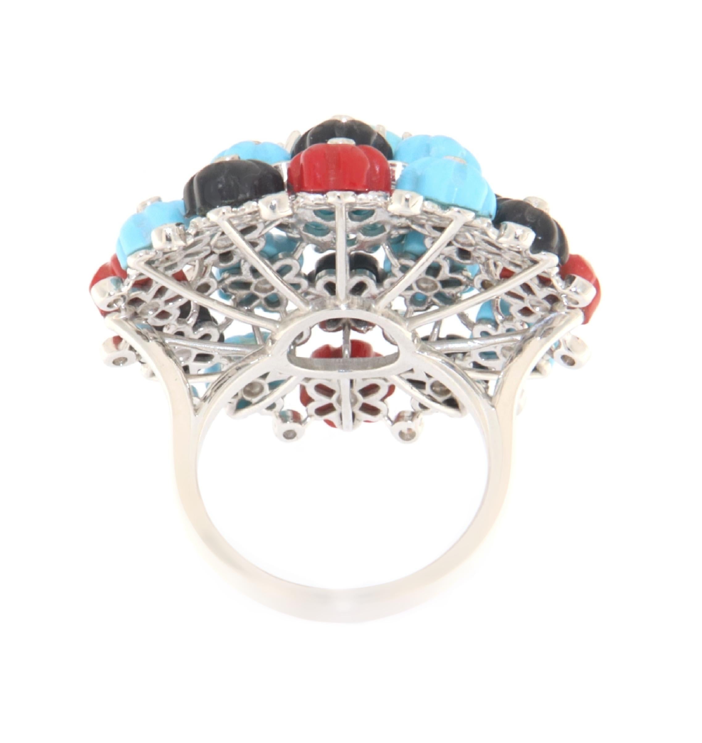Women's Turquoise Diamonds Coral Onyx 18 Karat White Gold Cocktail Ring For Sale