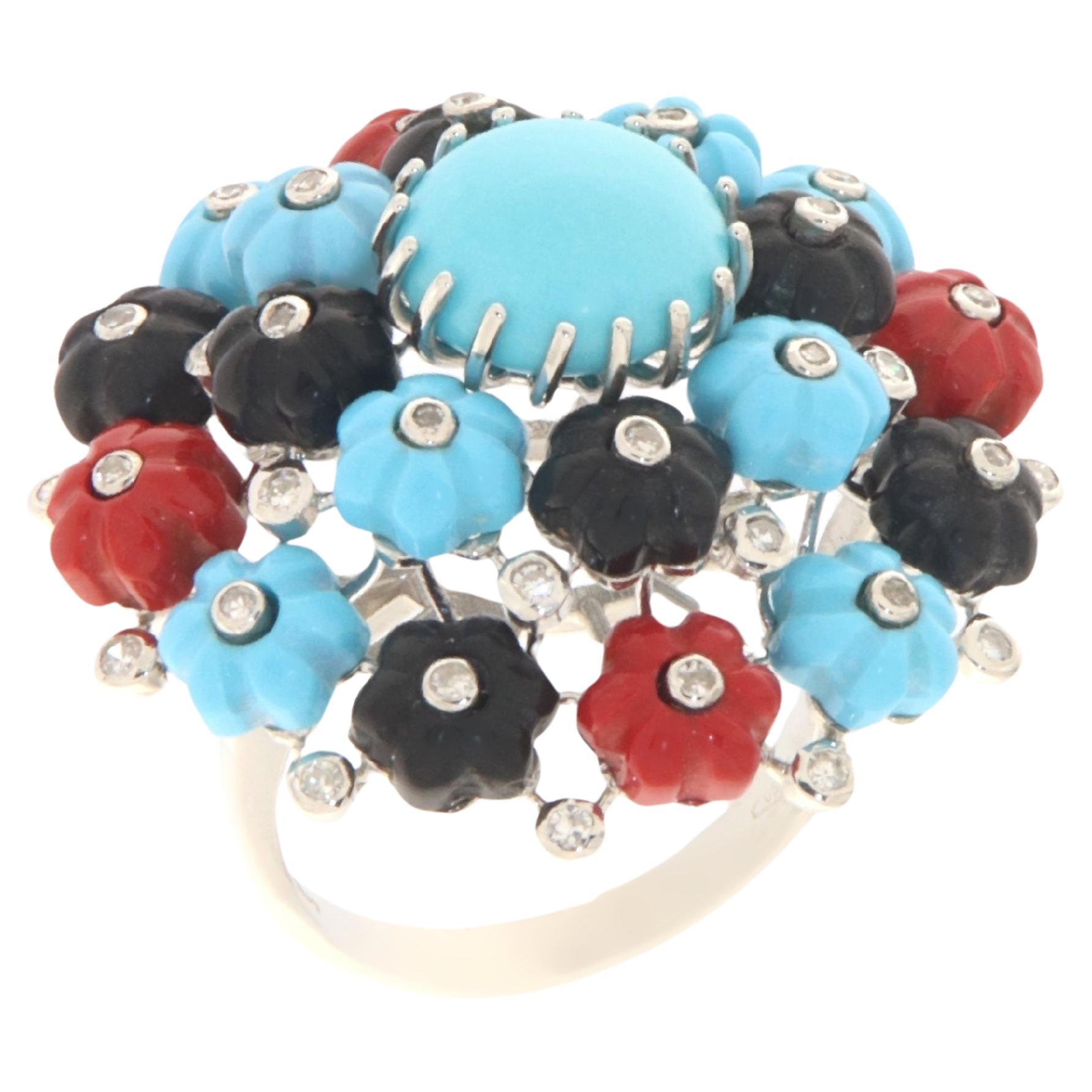 Turquoise Diamonds Coral Onyx 18 Karat White Gold Cocktail Ring
