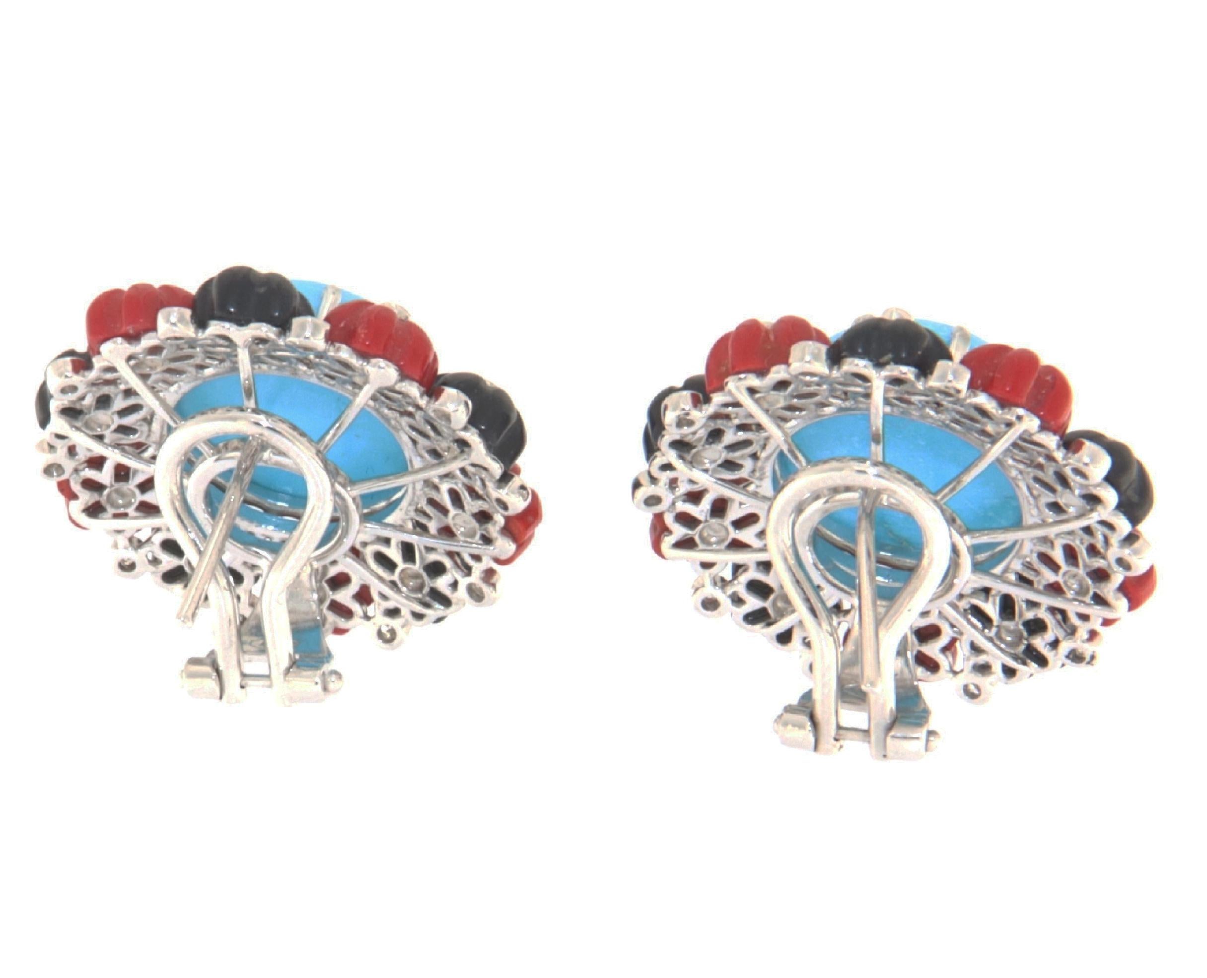 Artisan Turquoise Diamonds Coral Onyx 18 Karat White Gold Stud Earrings For Sale