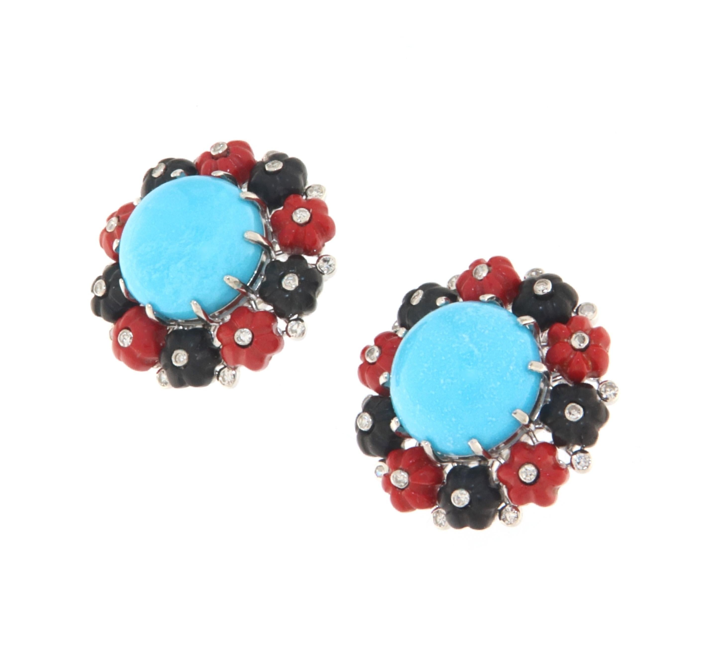 Mixed Cut Turquoise Diamonds Coral Onyx 18 Karat White Gold Stud Earrings For Sale