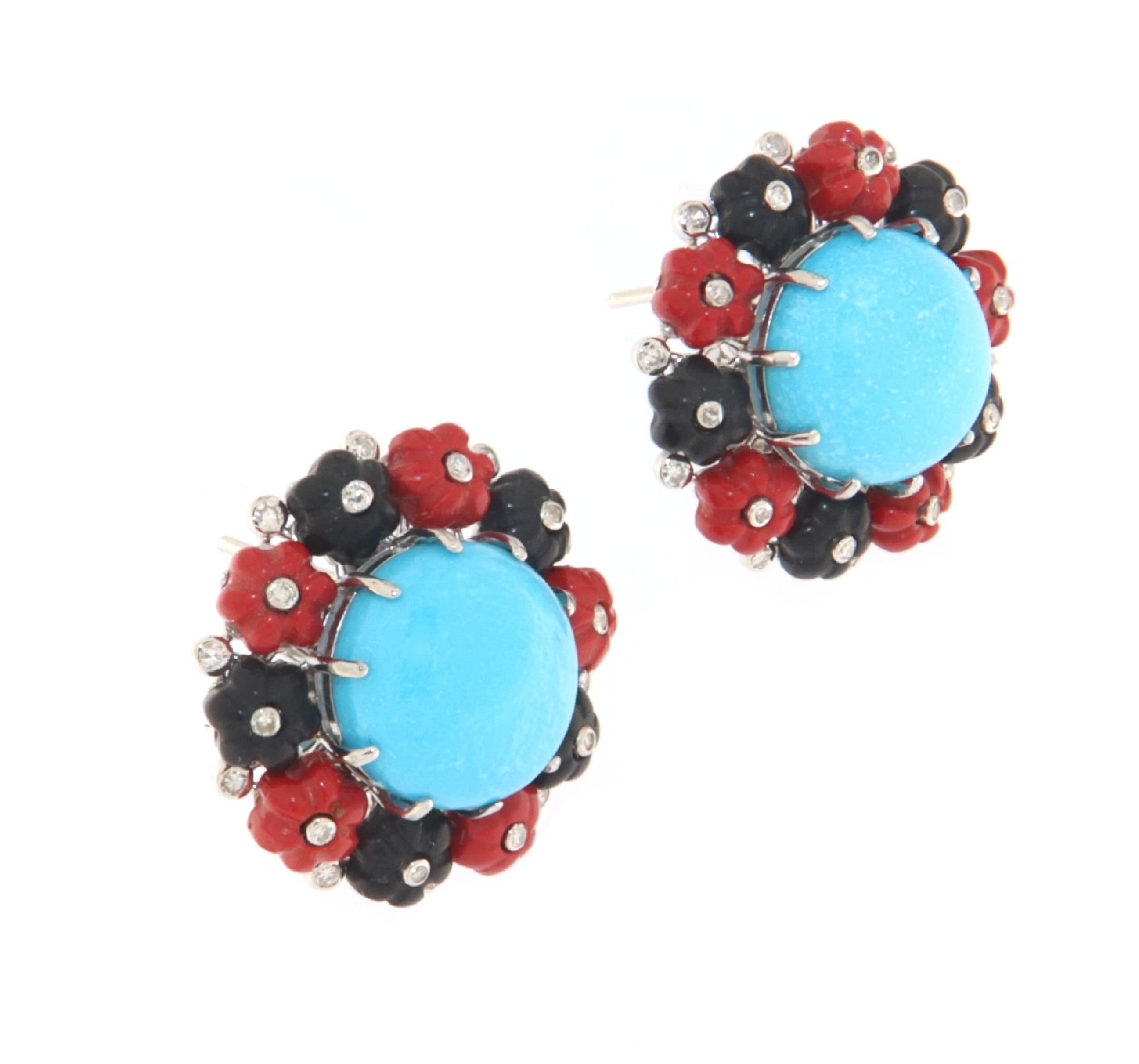 Turquoise Diamonds Coral Onyx 18 Karat White Gold Stud Earrings In New Condition For Sale In Marcianise, IT