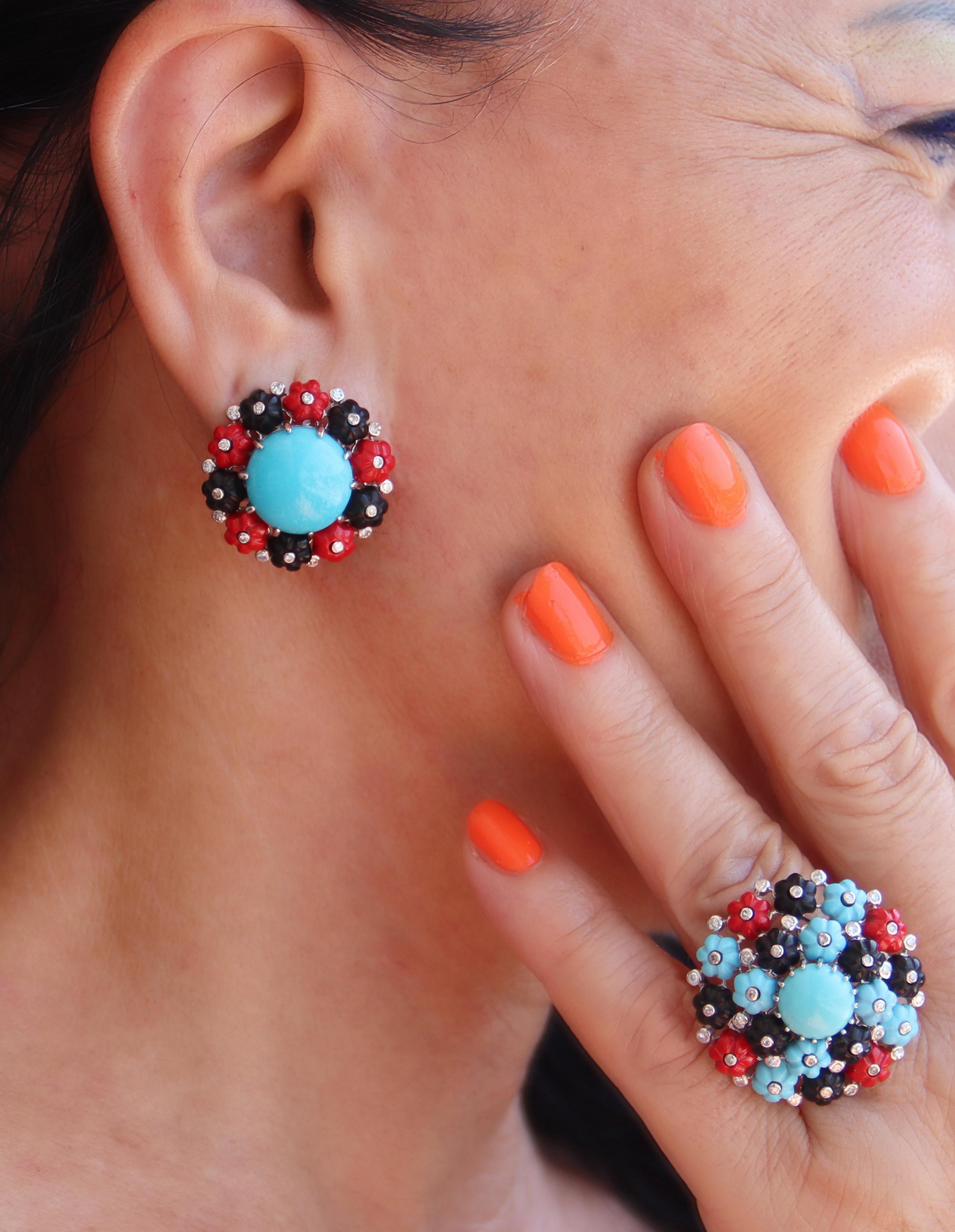 Women's Turquoise Diamonds Coral Onyx 18 Karat White Gold Stud Earrings For Sale