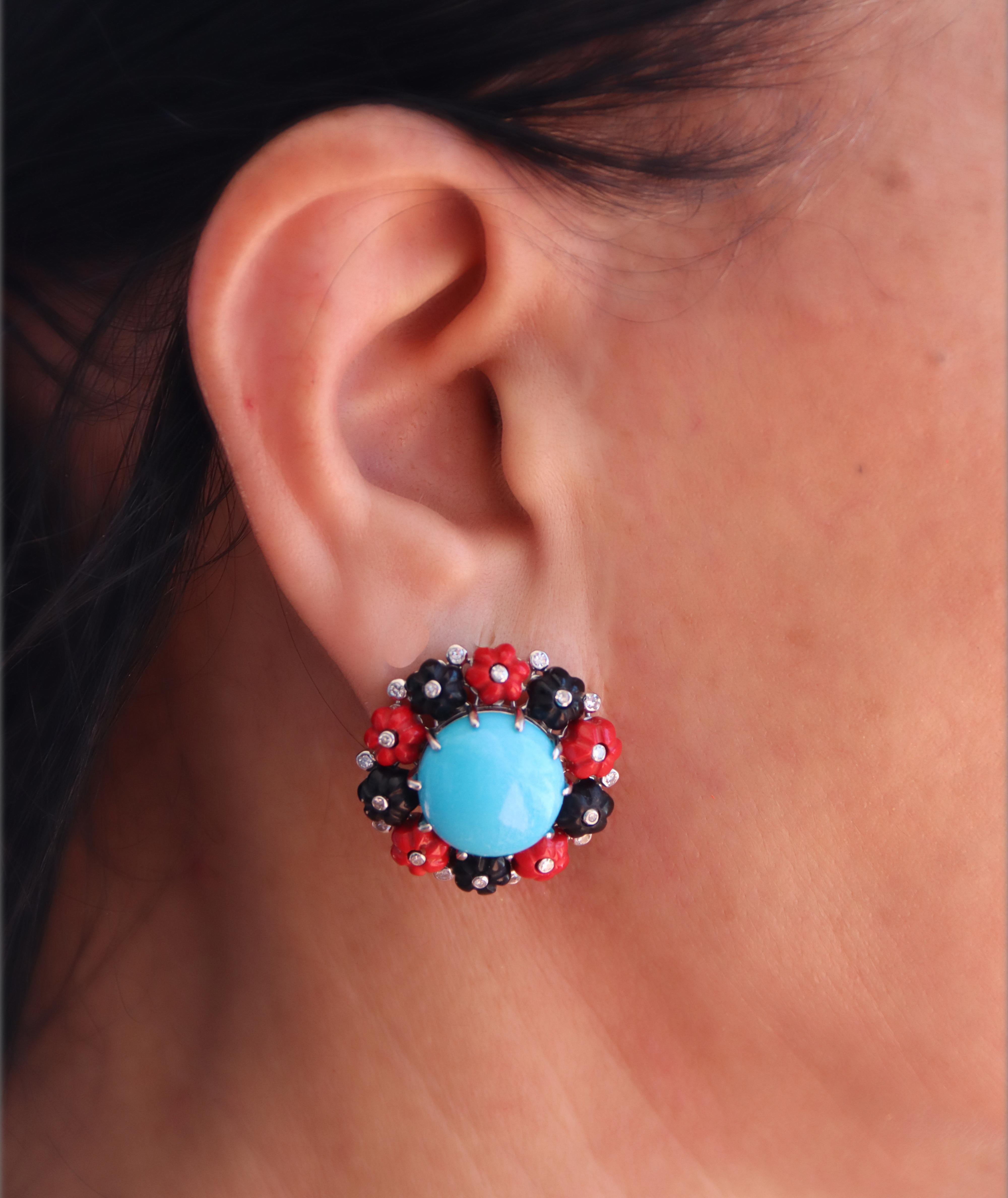 Turquoise Diamonds Coral Onyx 18 Karat White Gold Stud Earrings For Sale 1