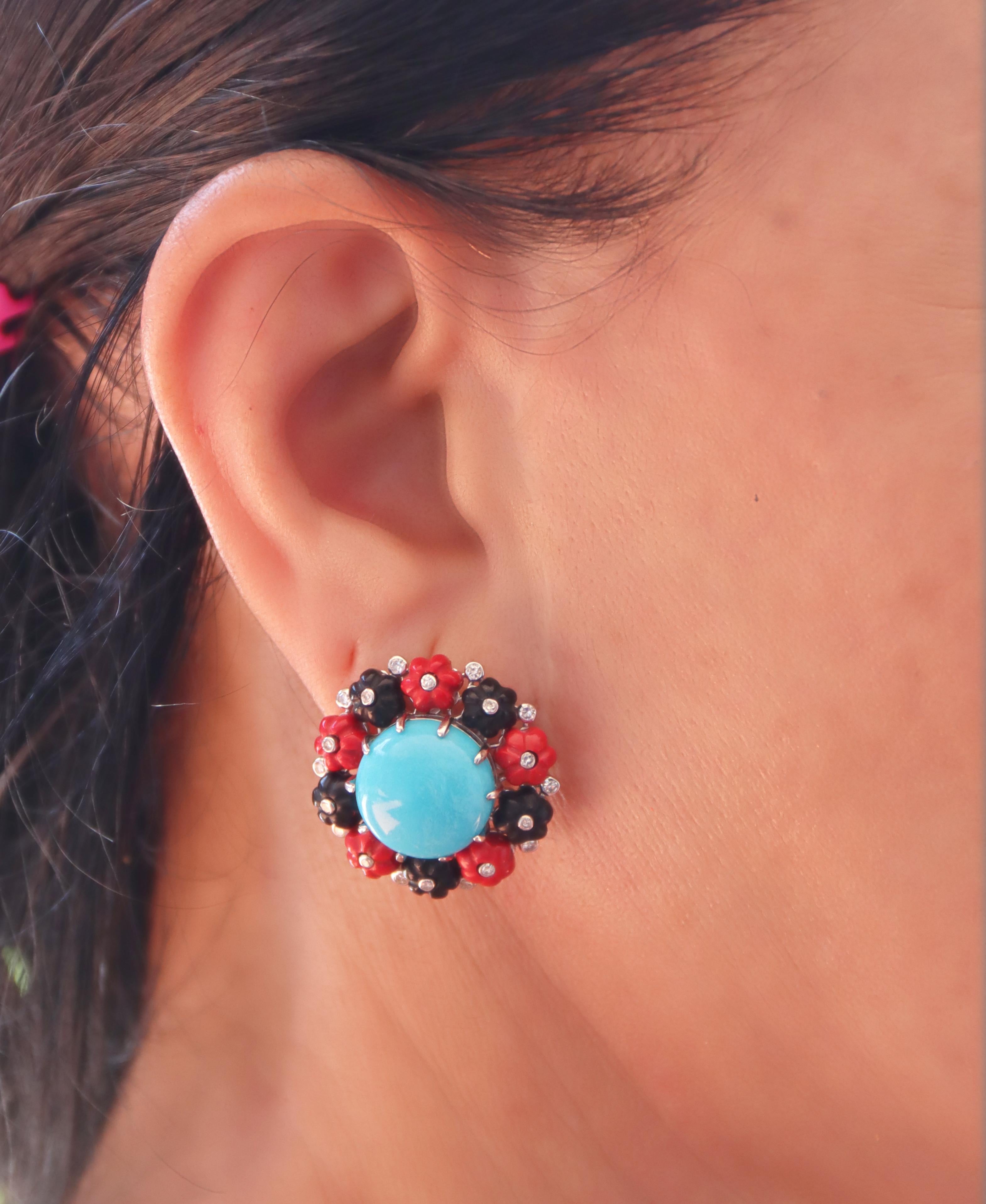 Turquoise Diamonds Coral Onyx 18 Karat White Gold Stud Earrings For Sale 2