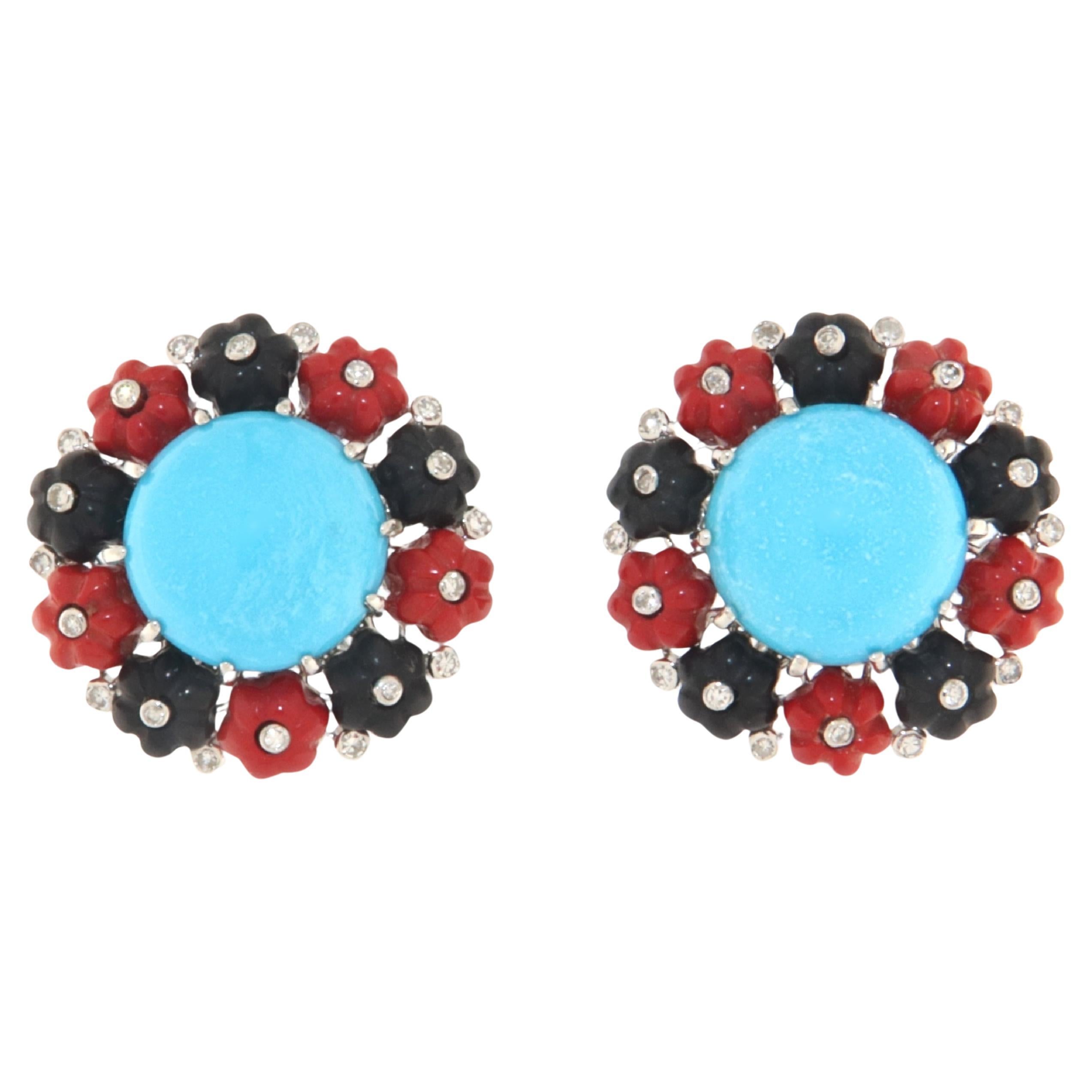 Turquoise Diamonds Coral Onyx 18 Karat White Gold Stud Earrings