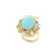 Turquoise Diamonds Emeralds 18 Karat Yellow Gold Cocktail Ring