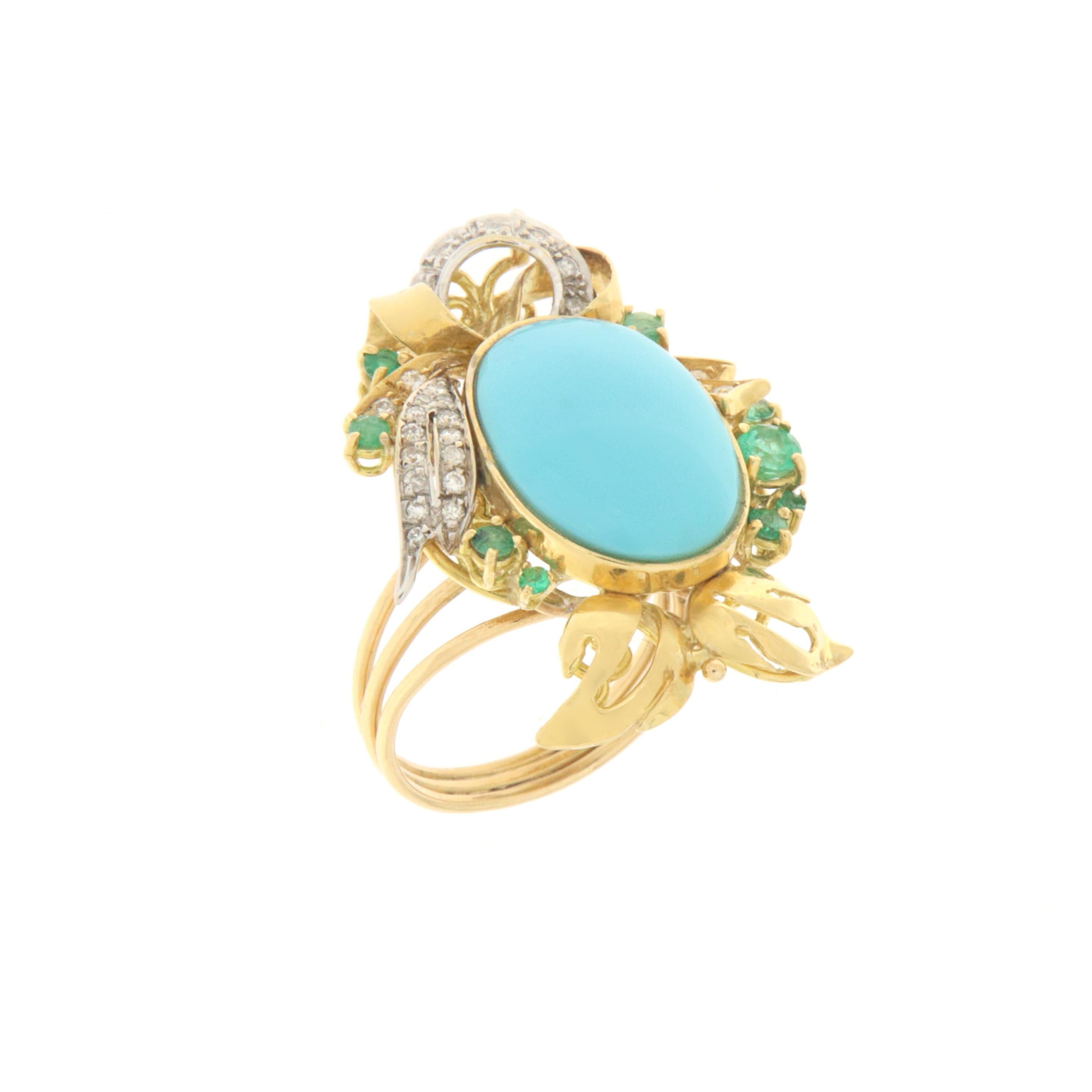Artisan Turquoise Diamonds Emeralds 18 Karat Yellow Gold Cocktail Ring For Sale