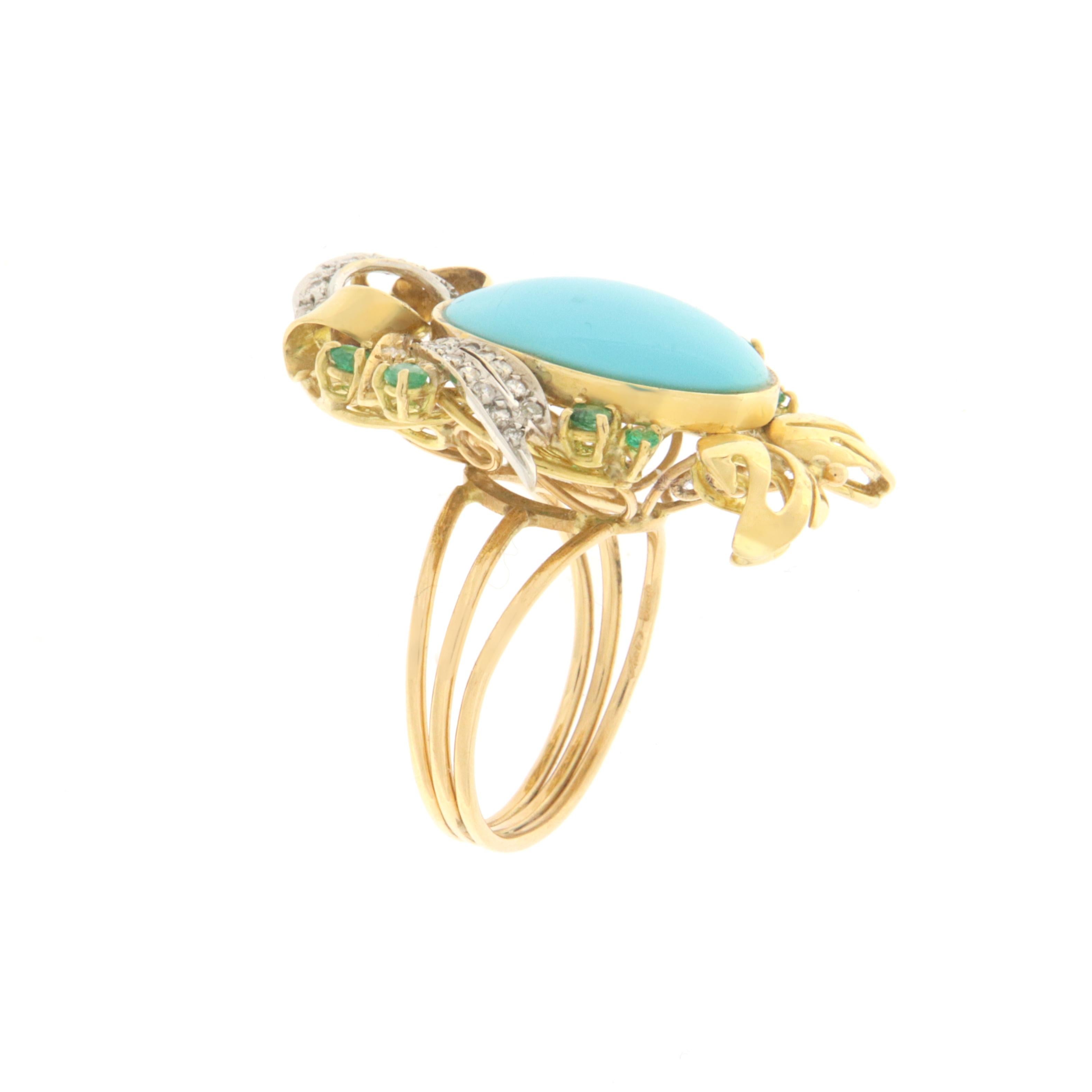 Brilliant Cut Turquoise Diamonds Emeralds 18 Karat Yellow Gold Cocktail Ring For Sale