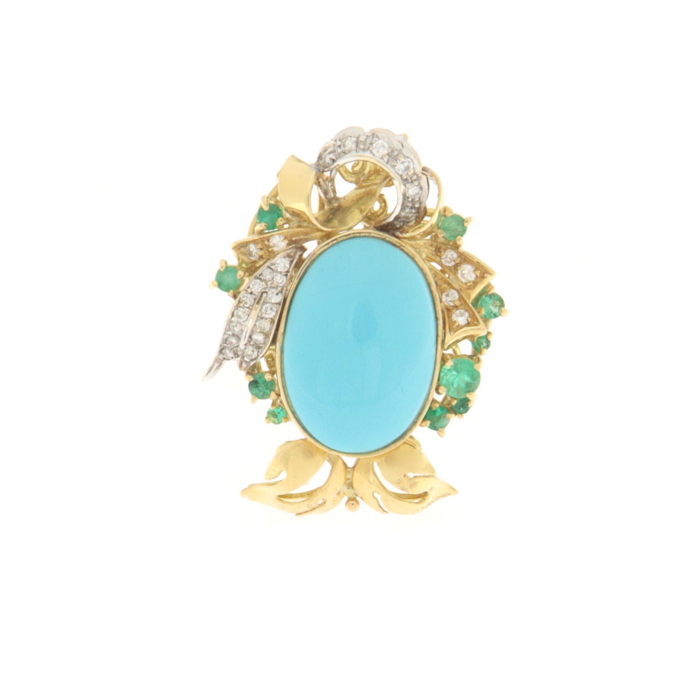 Women's Turquoise Diamonds Emeralds 18 Karat Yellow Gold Cocktail Ring For Sale