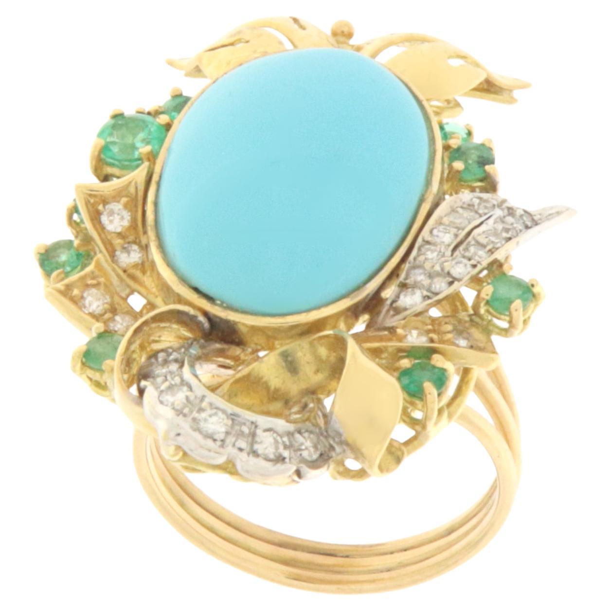 Turquoise Diamonds Emeralds 18 Karat Yellow Gold Cocktail Ring For Sale