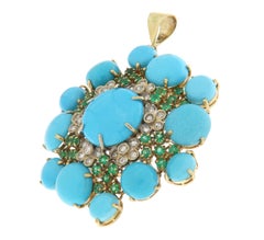 Turquoise Diamonds Emeralds 18 Carat Yellow Gold Pendant