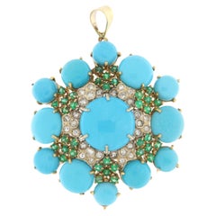 Turquoise Diamonds Emeralds 18 Kt Yellow Gold Pendant Necklace