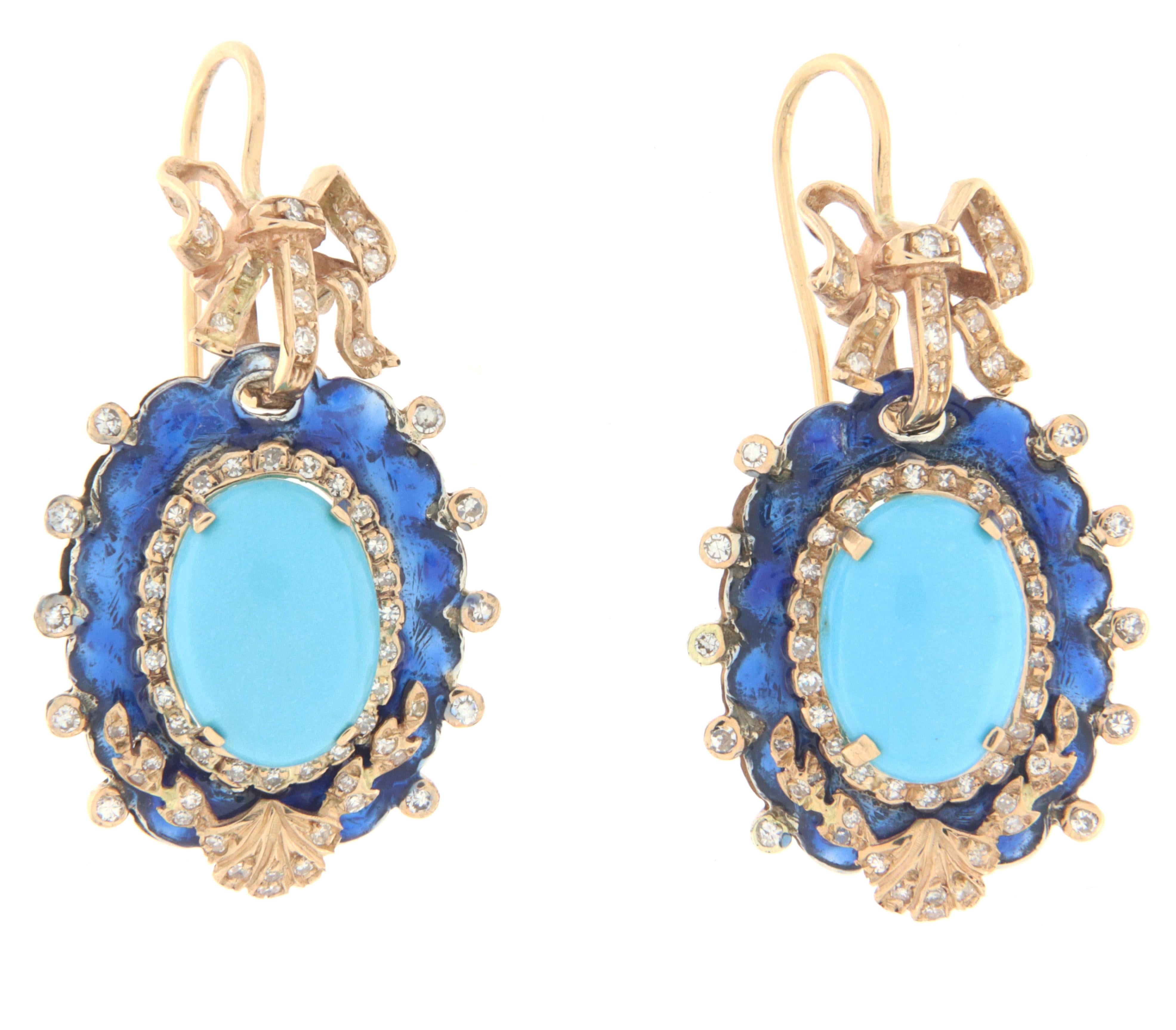 Turquoise Diamonds Enamel 14 Karat Yellow Gold Drop Earrings For Sale 5