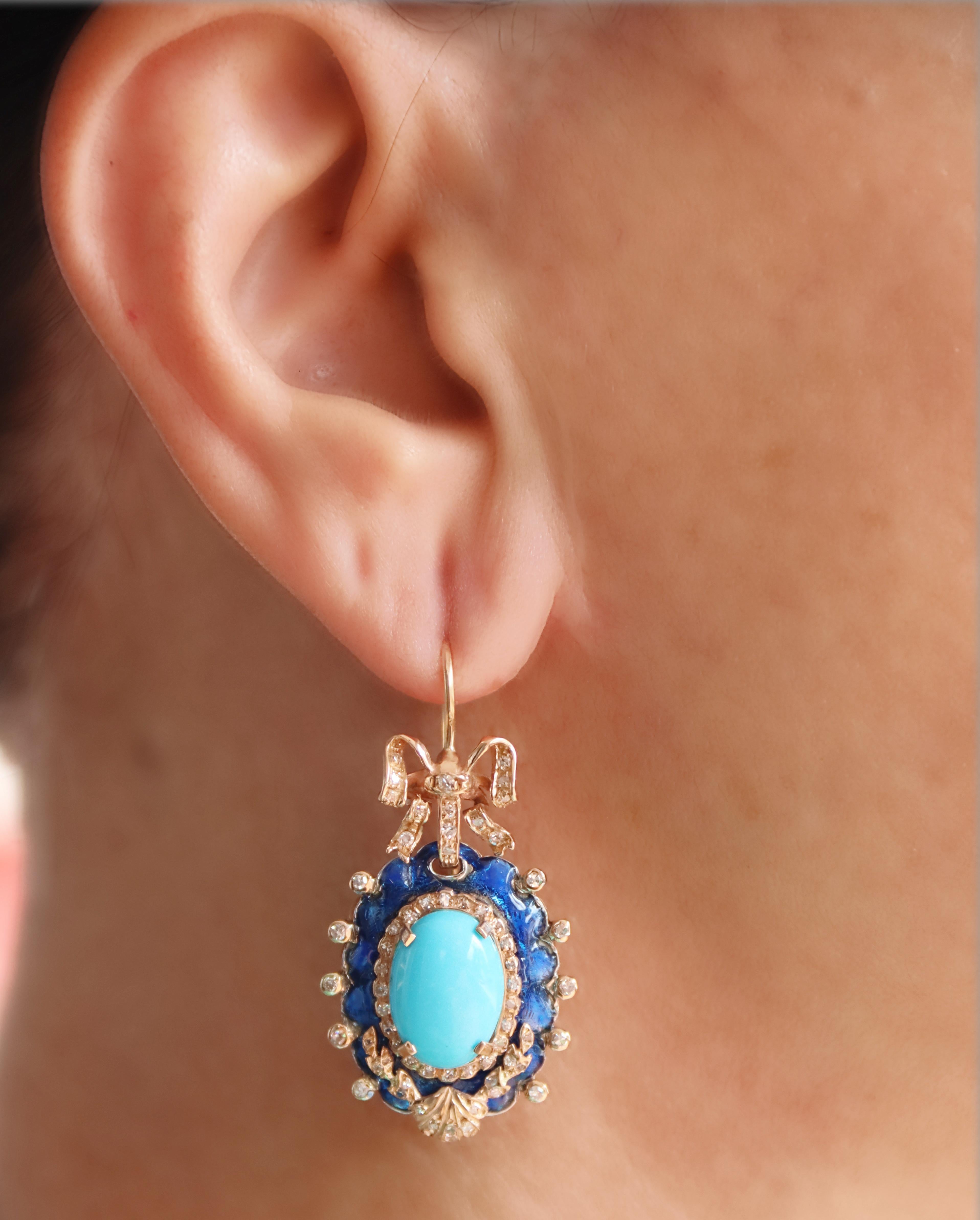 Brilliant Cut Turquoise Diamonds Enamel 14 Karat Yellow Gold Drop Earrings For Sale