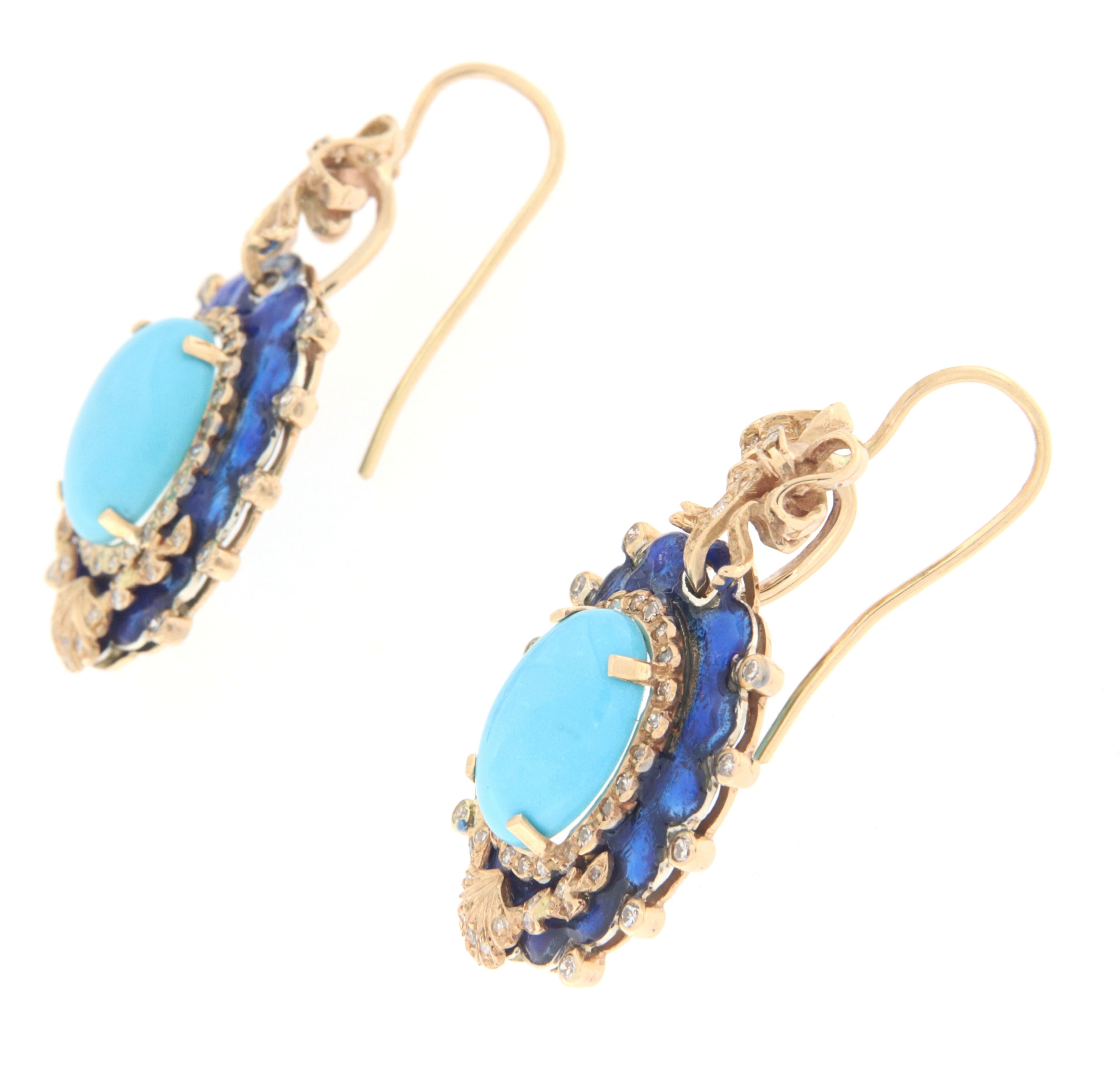 Turquoise Diamonds Enamel 14 Karat Yellow Gold Drop Earrings In New Condition For Sale In Marcianise, IT