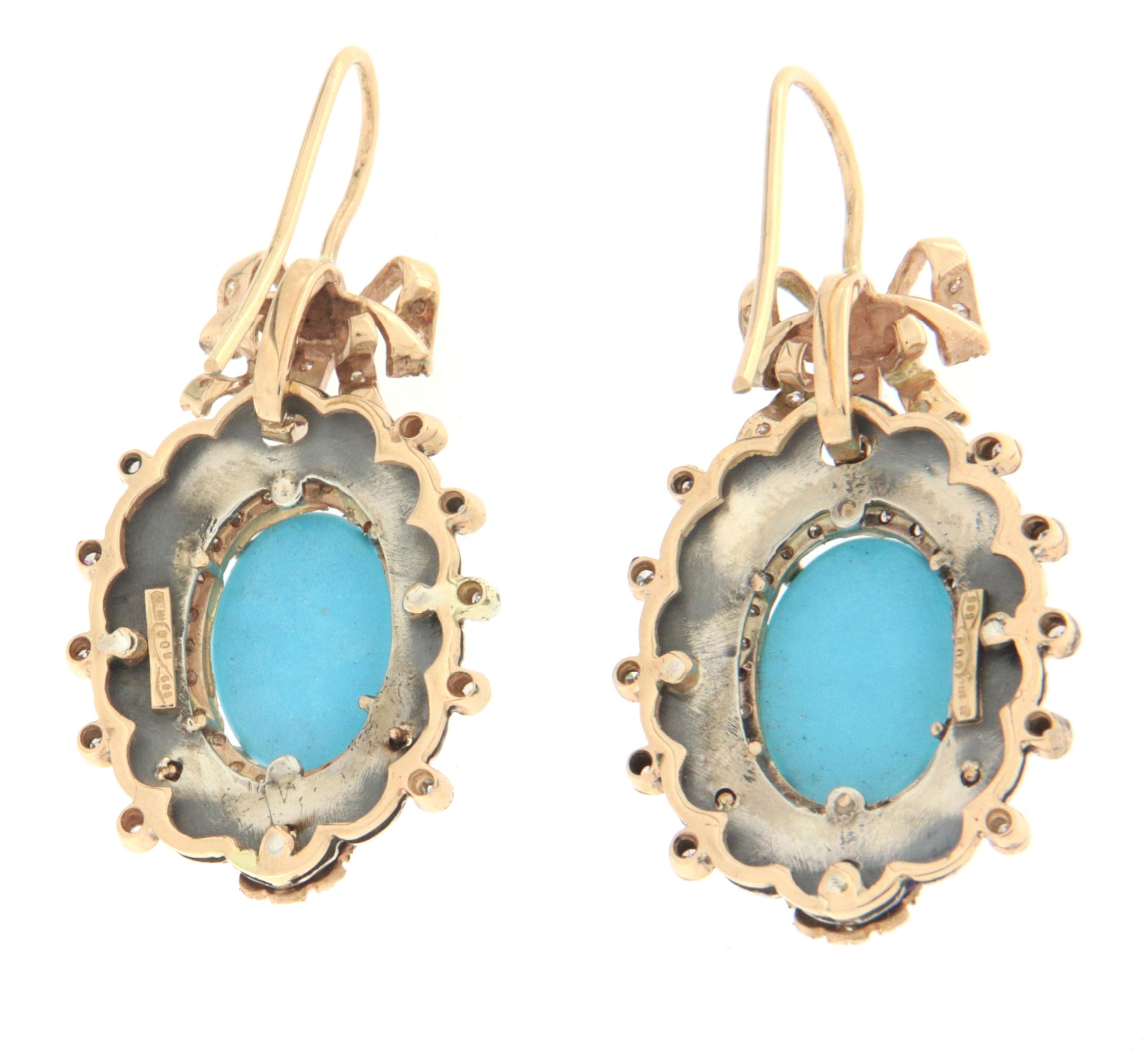 Women's Turquoise Diamonds Enamel 14 Karat Yellow Gold Drop Earrings For Sale