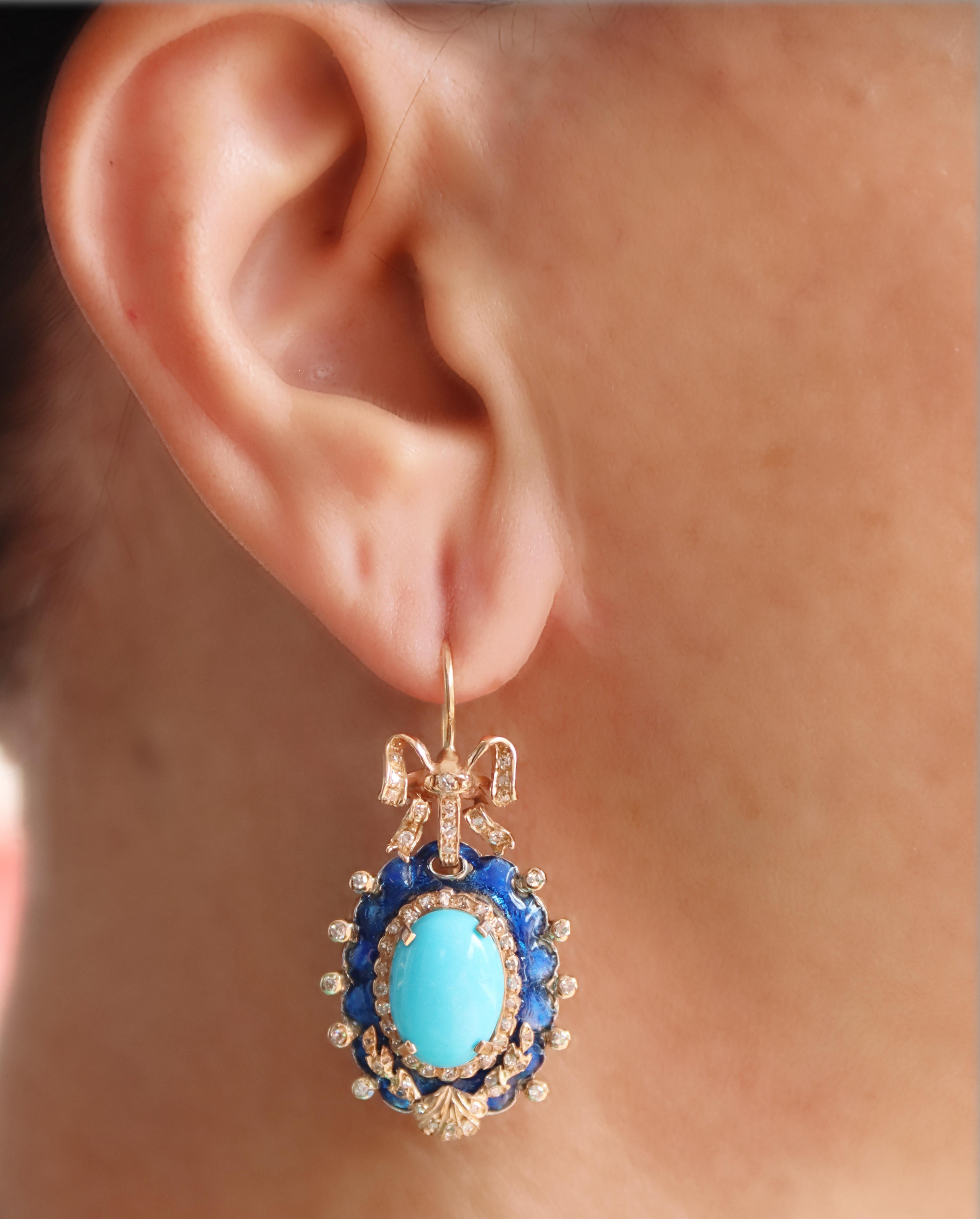 Turquoise Diamonds Enamel 14 Karat Yellow Gold Drop Earrings For Sale 3