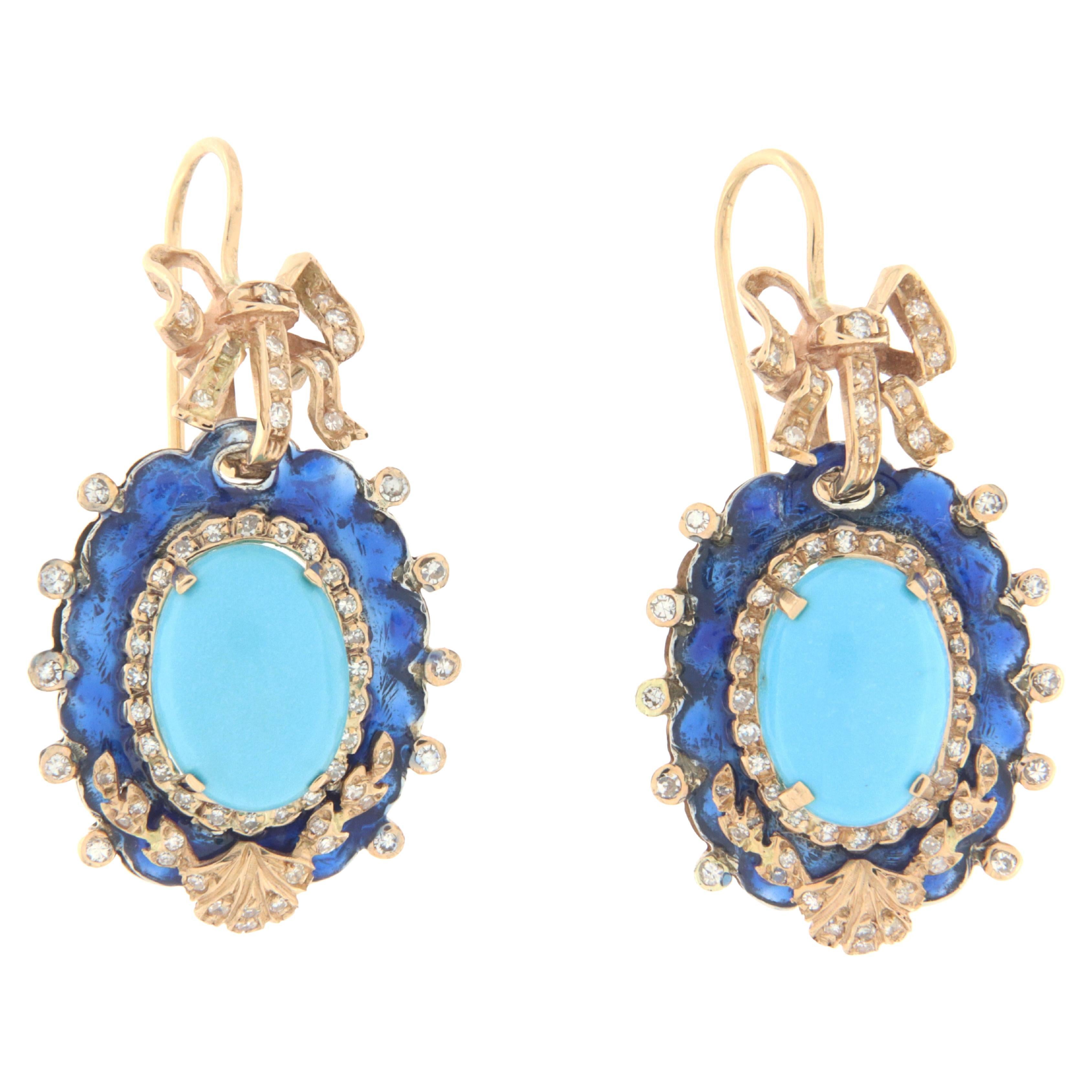 Turquoise Diamonds Enamel 14 Karat Yellow Gold Drop Earrings For Sale