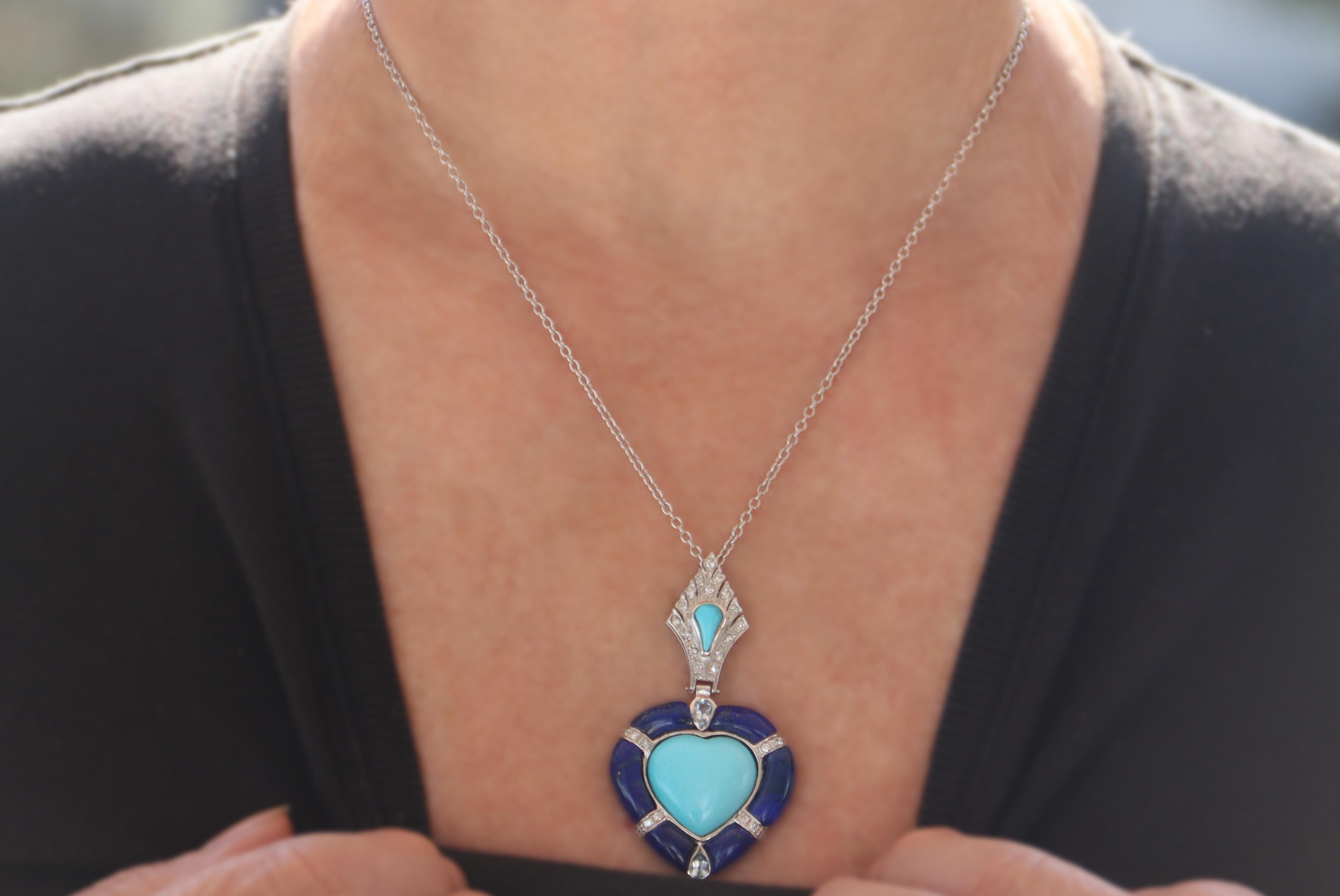Turquoise Diamonds Lapis 18 Karat White Gold Pendant Necklace For Sale 4