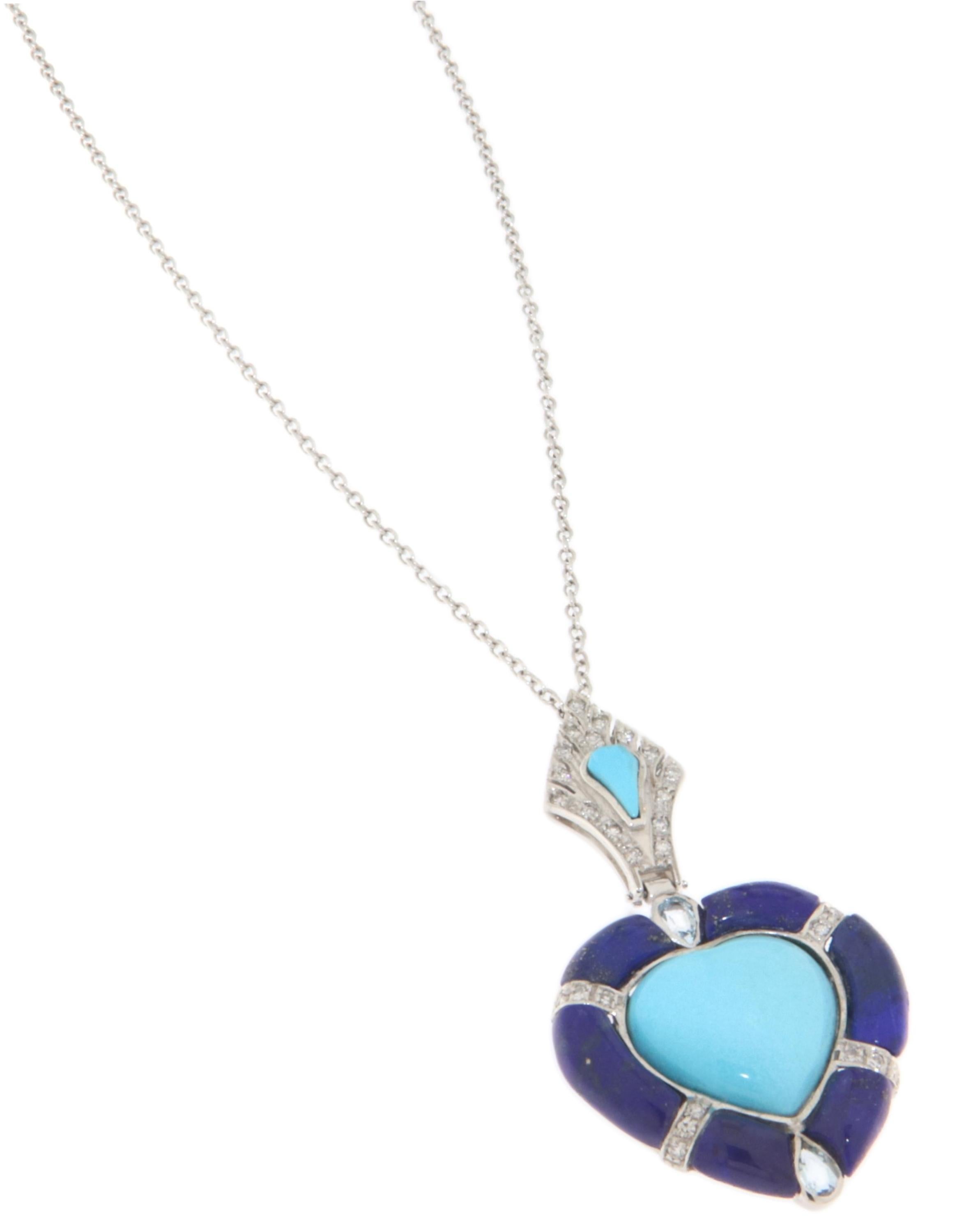 Artisan Turquoise Diamonds Lapis 18 Karat White Gold Pendant Necklace For Sale