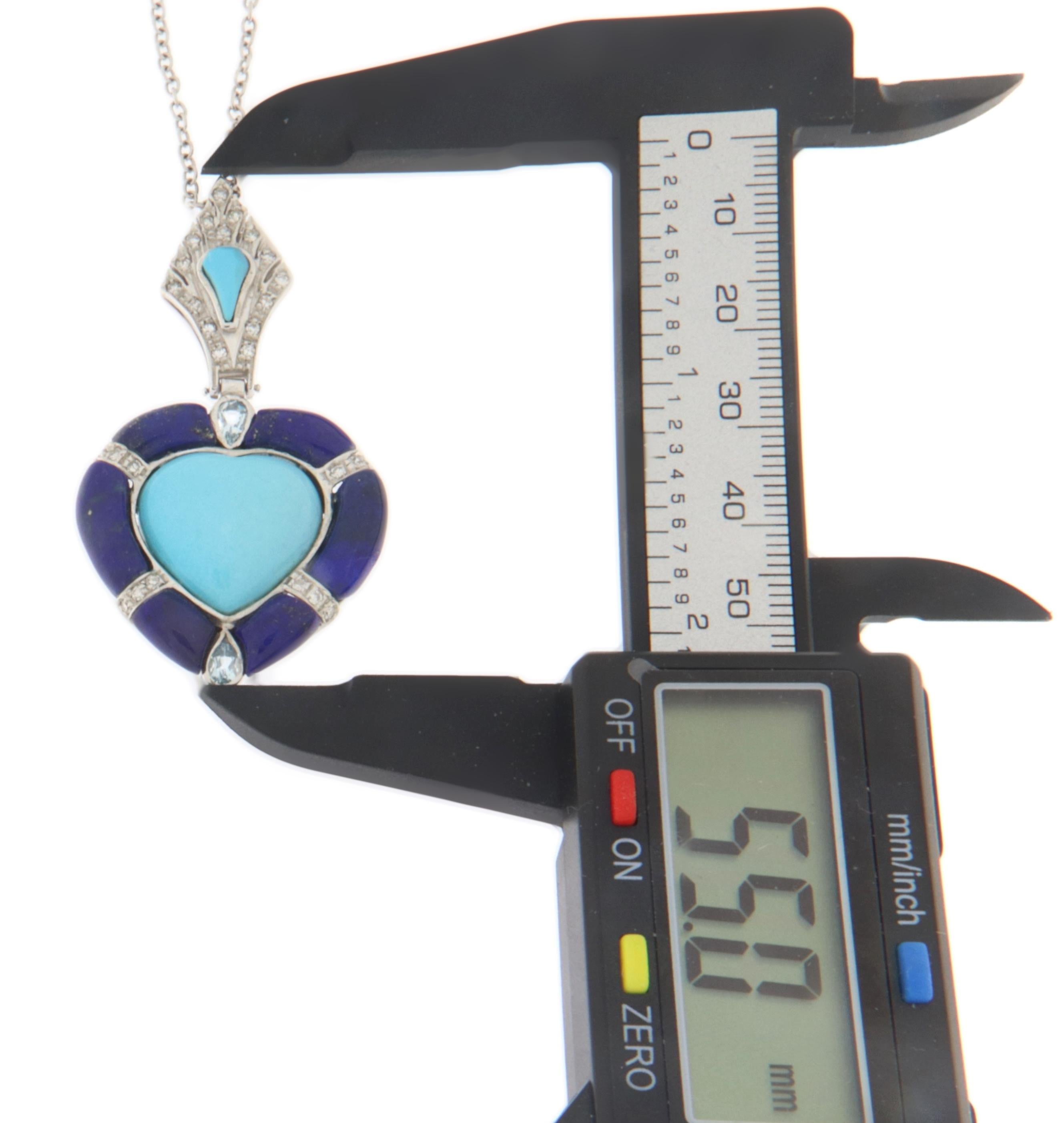 Brilliant Cut Turquoise Diamonds Lapis 18 Karat White Gold Pendant Necklace For Sale