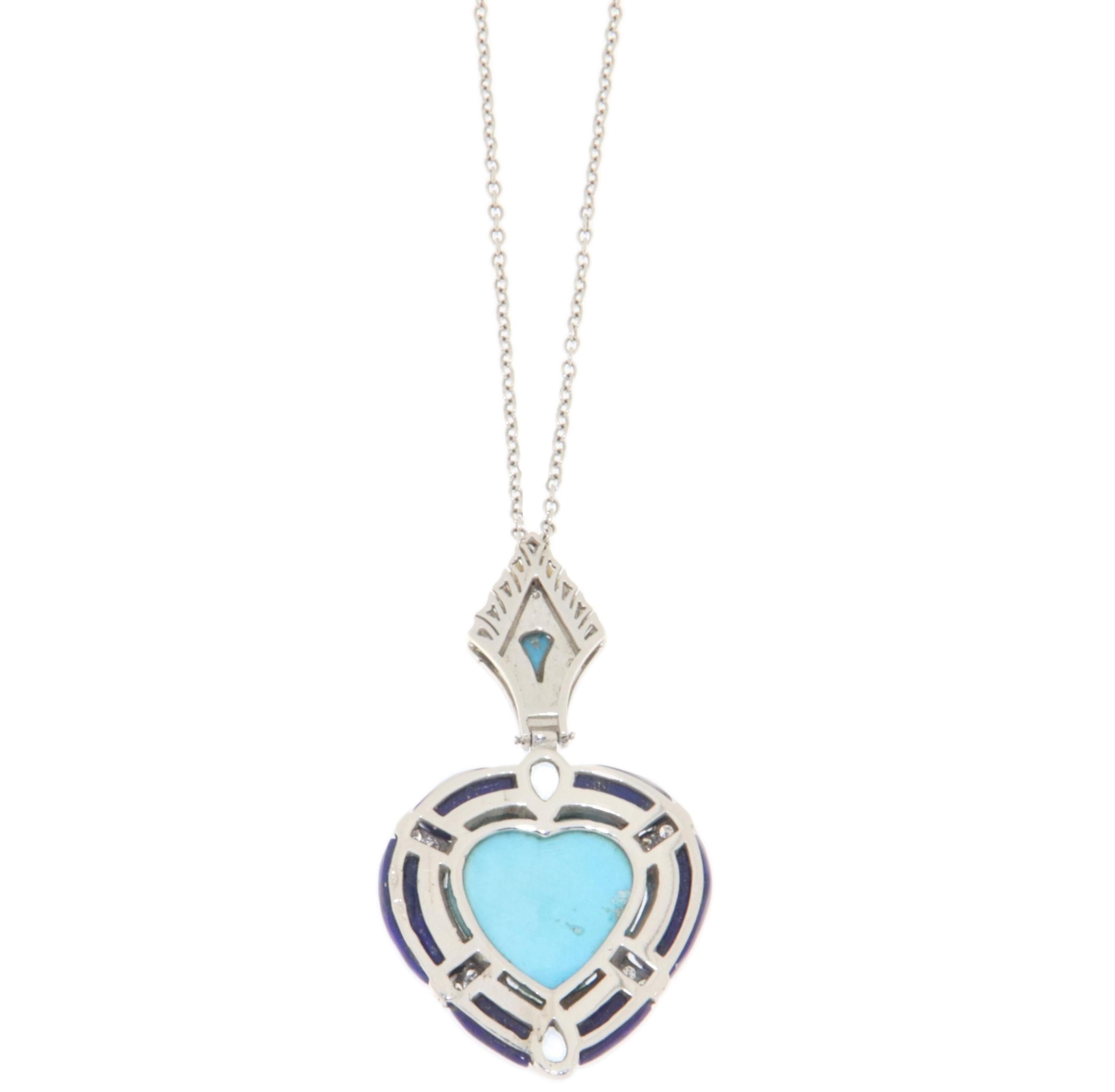 Women's Turquoise Diamonds Lapis 18 Karat White Gold Pendant Necklace For Sale