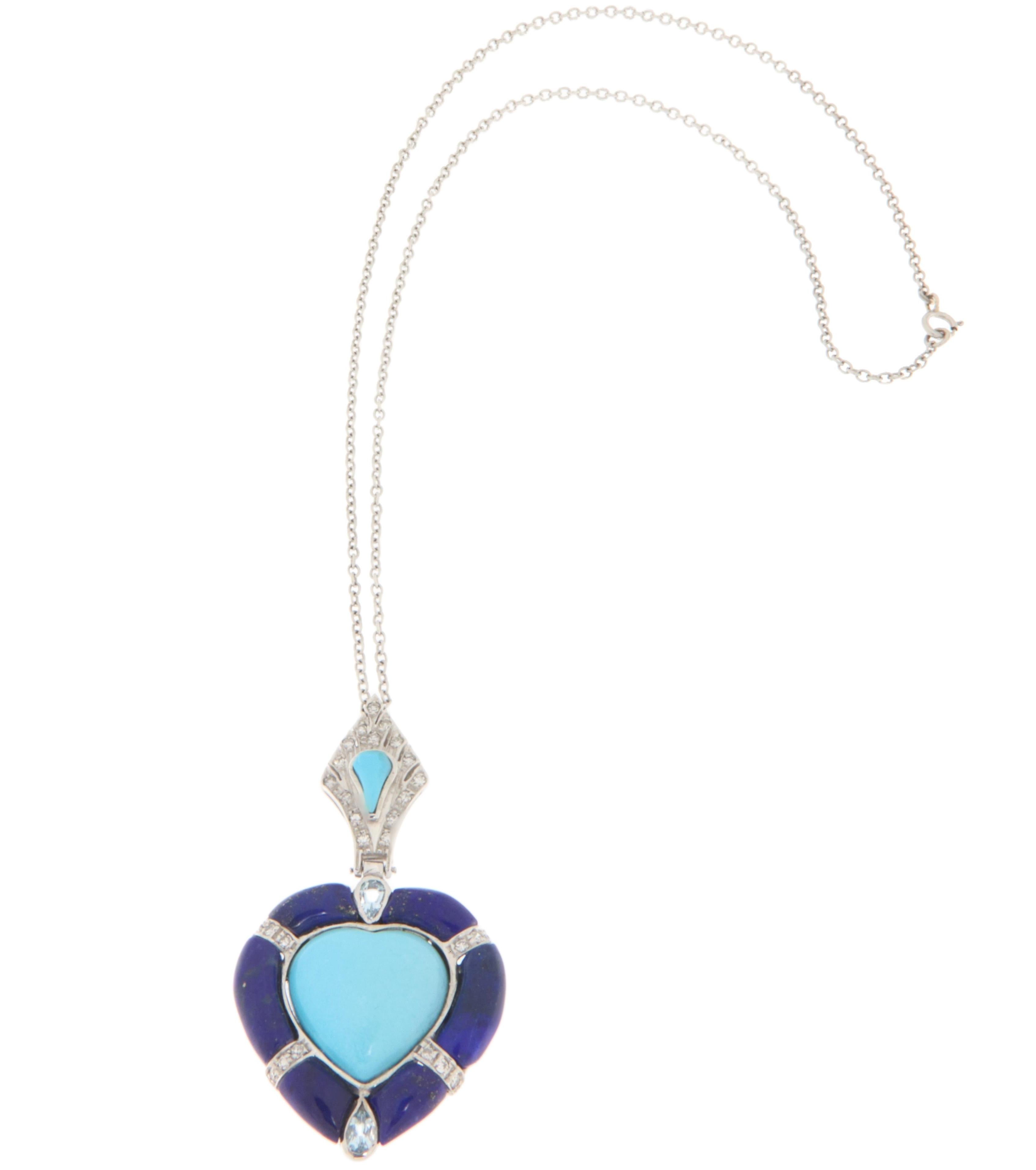 Turquoise Diamonds Lapis 18 Karat White Gold Pendant Necklace For Sale 1