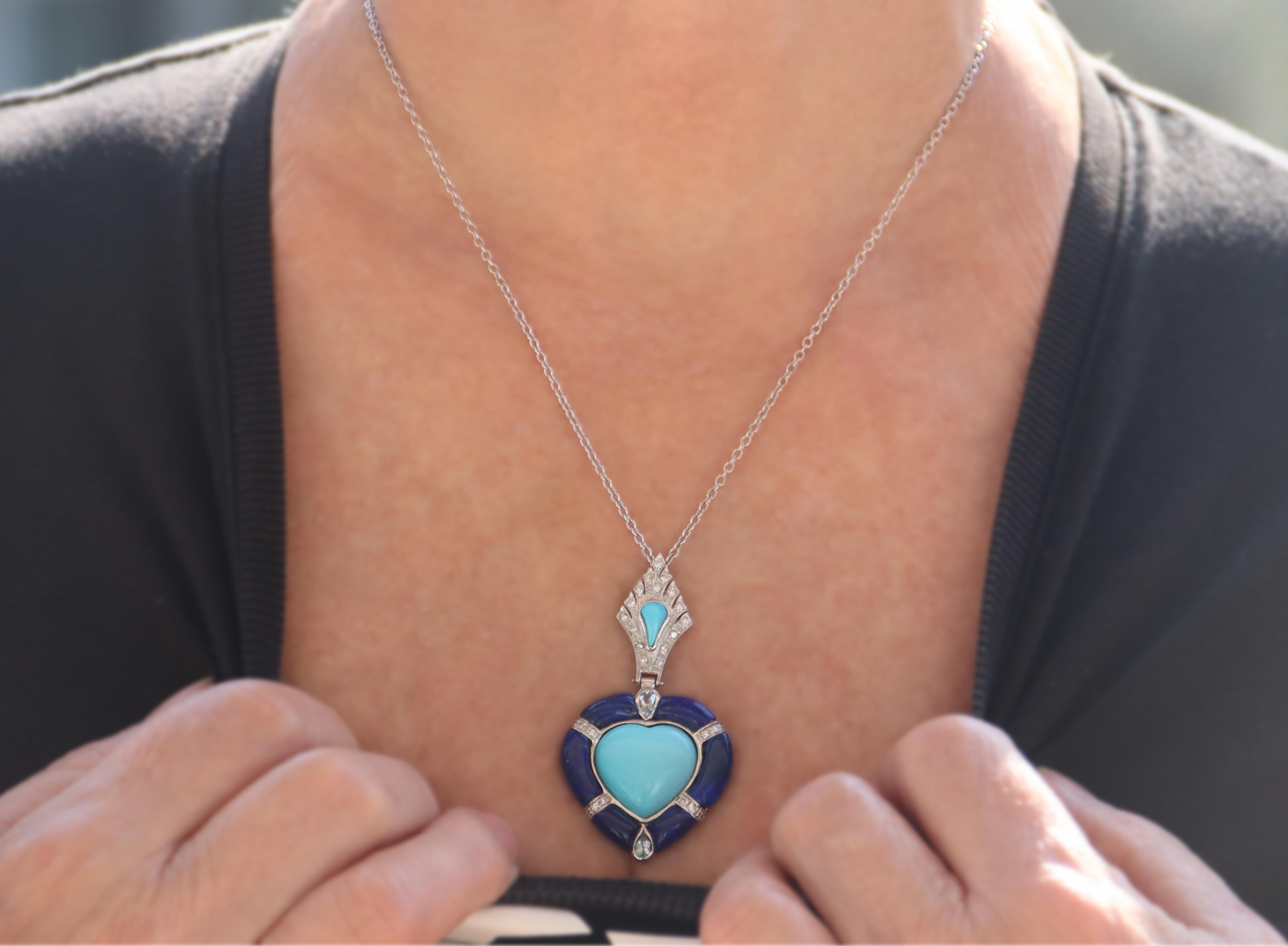 Turquoise Diamonds Lapis 18 Karat White Gold Pendant Necklace For Sale 2