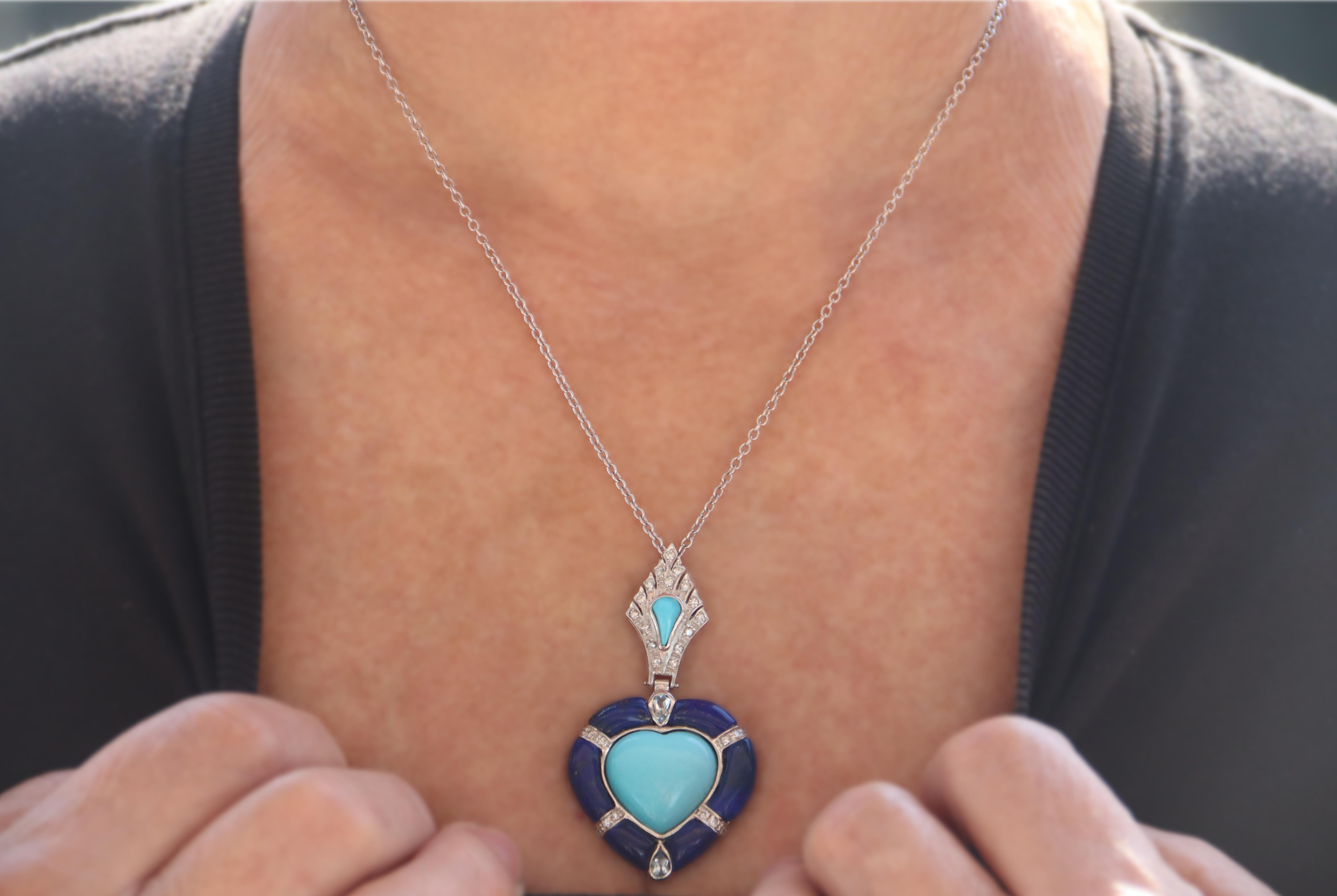 Turquoise Diamonds Lapis 18 Karat White Gold Pendant Necklace For Sale 3