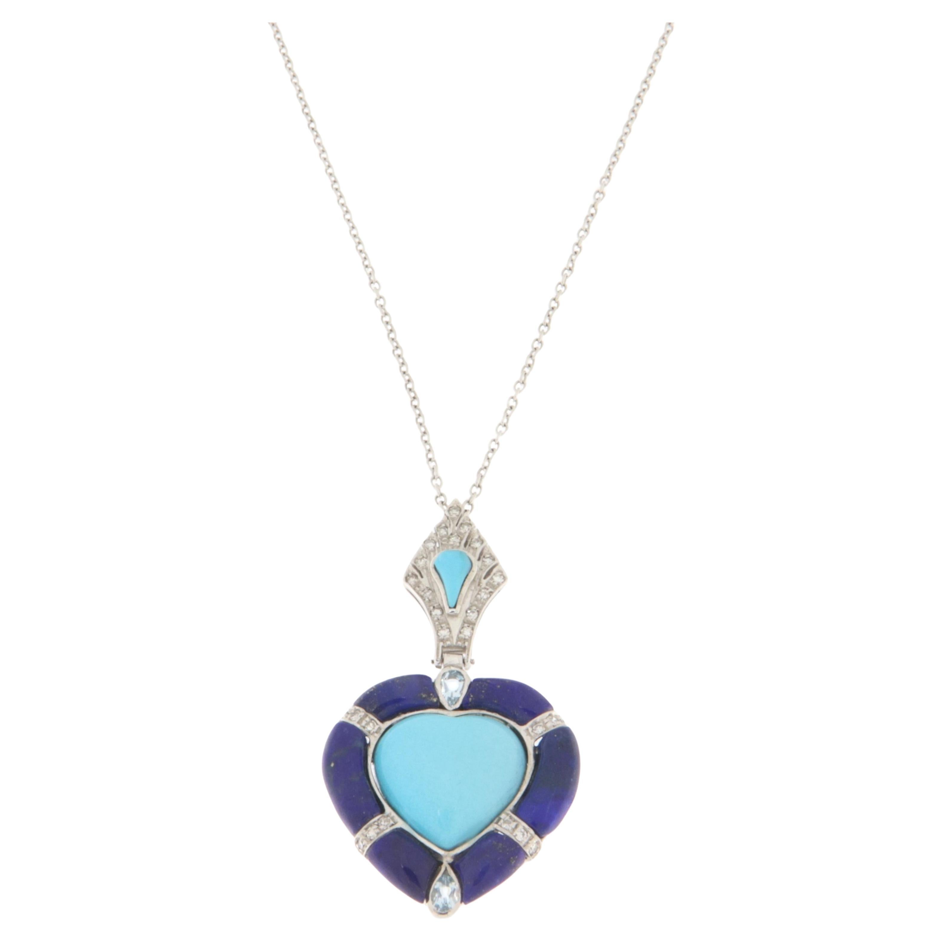 Turquoise Diamonds Lapis 18 Karat White Gold Pendant Necklace