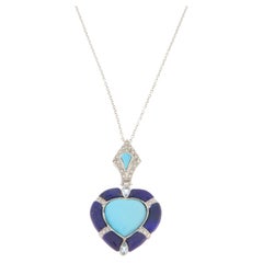 Turquoise Diamonds Lapis 18 Karat White Gold Pendant Necklace