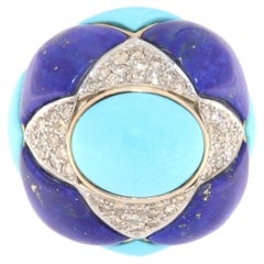 Turquoise Diamonds Lapis Lazuli 14 Karat Yellow And White Gold Cocktail Ring