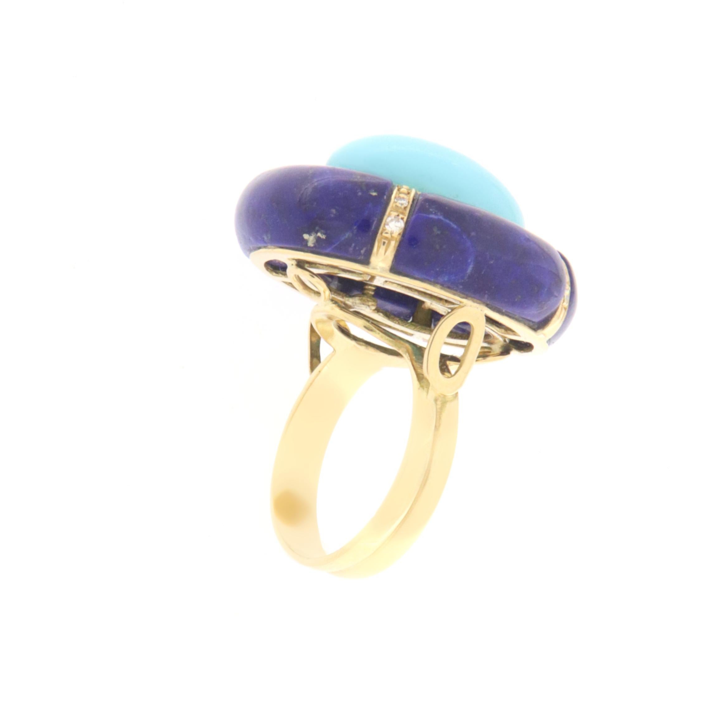 Turquoise Diamonds Lapis Lazuli 18 Karat Yellow Gold Cocktail Ring In New Condition For Sale In Marcianise, IT