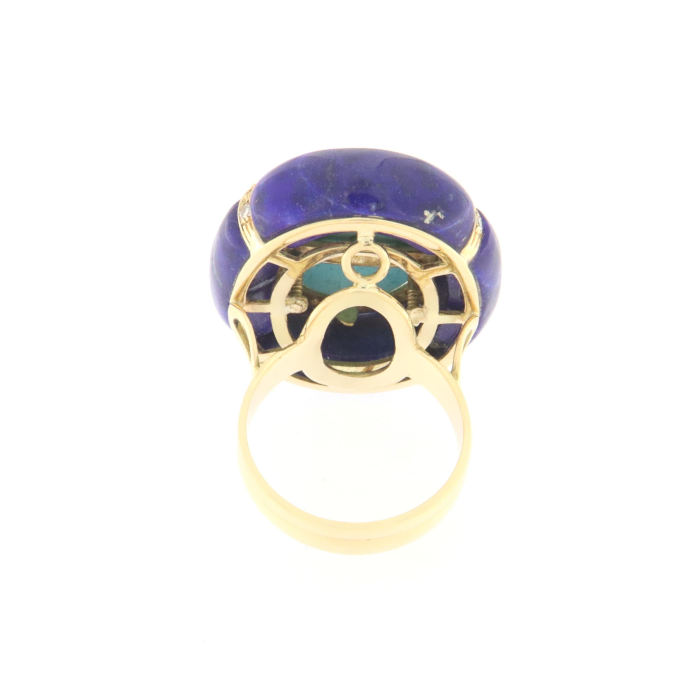Women's Turquoise Diamonds Lapis Lazuli 18 Karat Yellow Gold Cocktail Ring For Sale