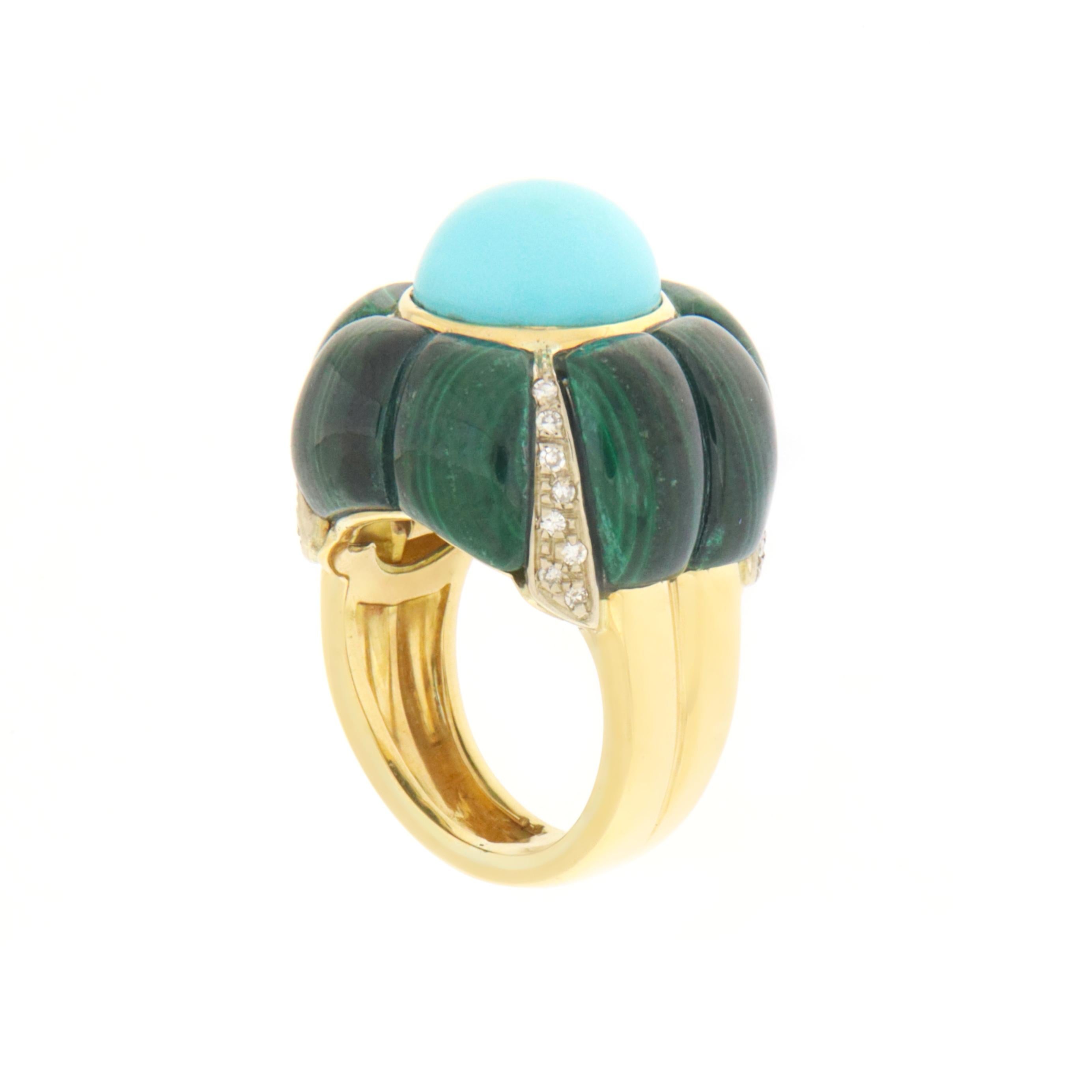 Turquoise Diamonds Malachite 18 Karat Yellow Gold Cocktail Ring In New Condition For Sale In Marcianise, IT