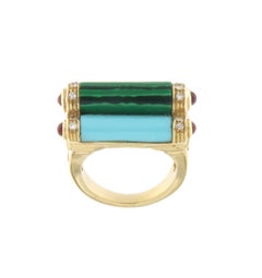 Turquoise Diamonds Malachite Rubies 14 Karat Yellow Gold Cocktail Ring