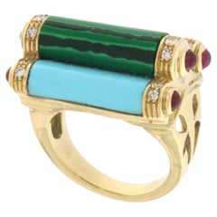 Turquoise Diamonds Malachite Rubies 14 Karat Yellow Gold Cocktail Ring