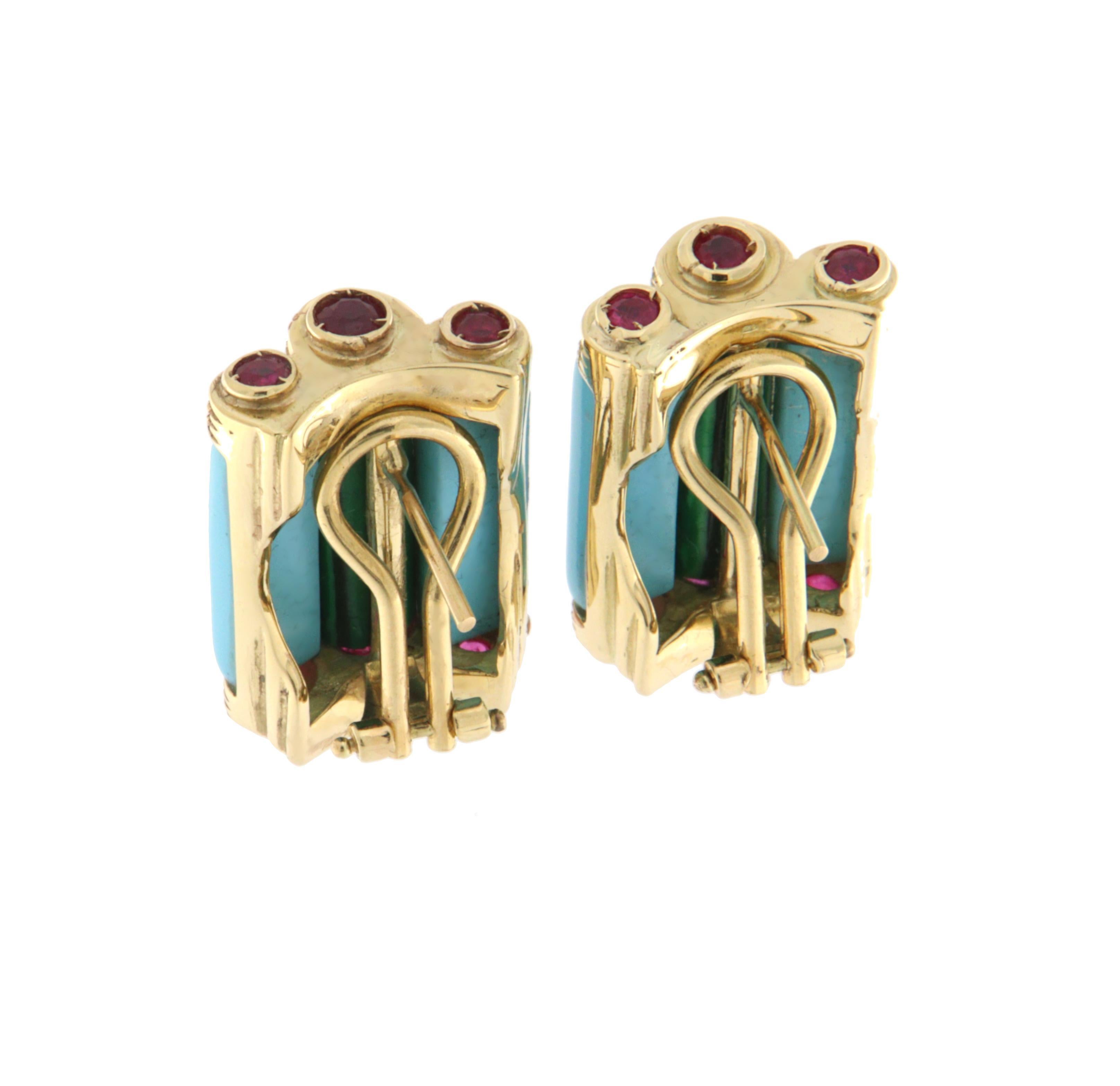 Orecchini con diamanti di turchese, malachite e rubini in oro giallo 14 carati In condizioni Nuovo in vendita a Marcianise, IT