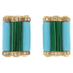 Orecchini con diamanti di turchese, malachite e rubini in oro giallo 14 carati