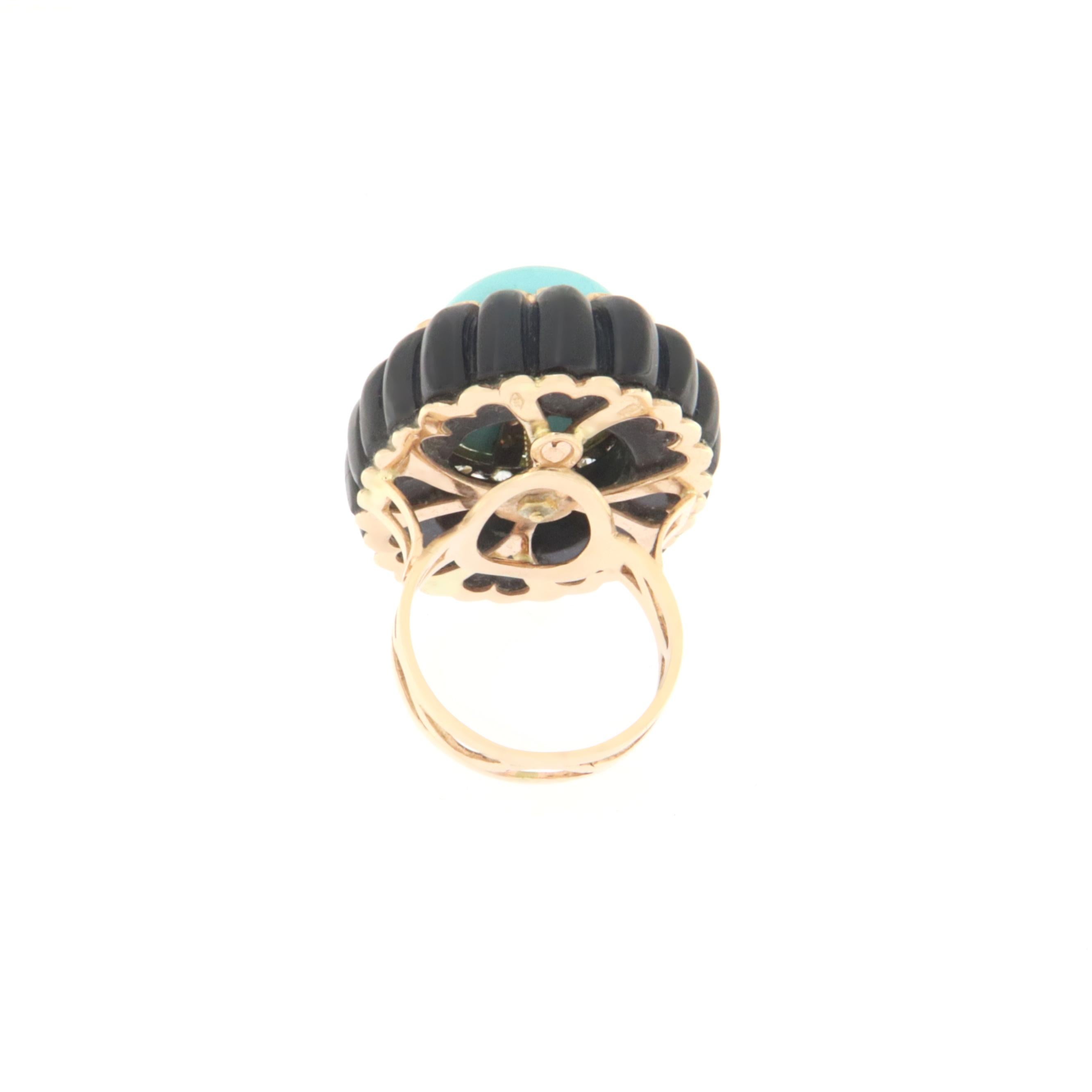 Artisan Turquoise Diamonds Onix 14 Karat Yellow Gold Cocktail Ring For Sale