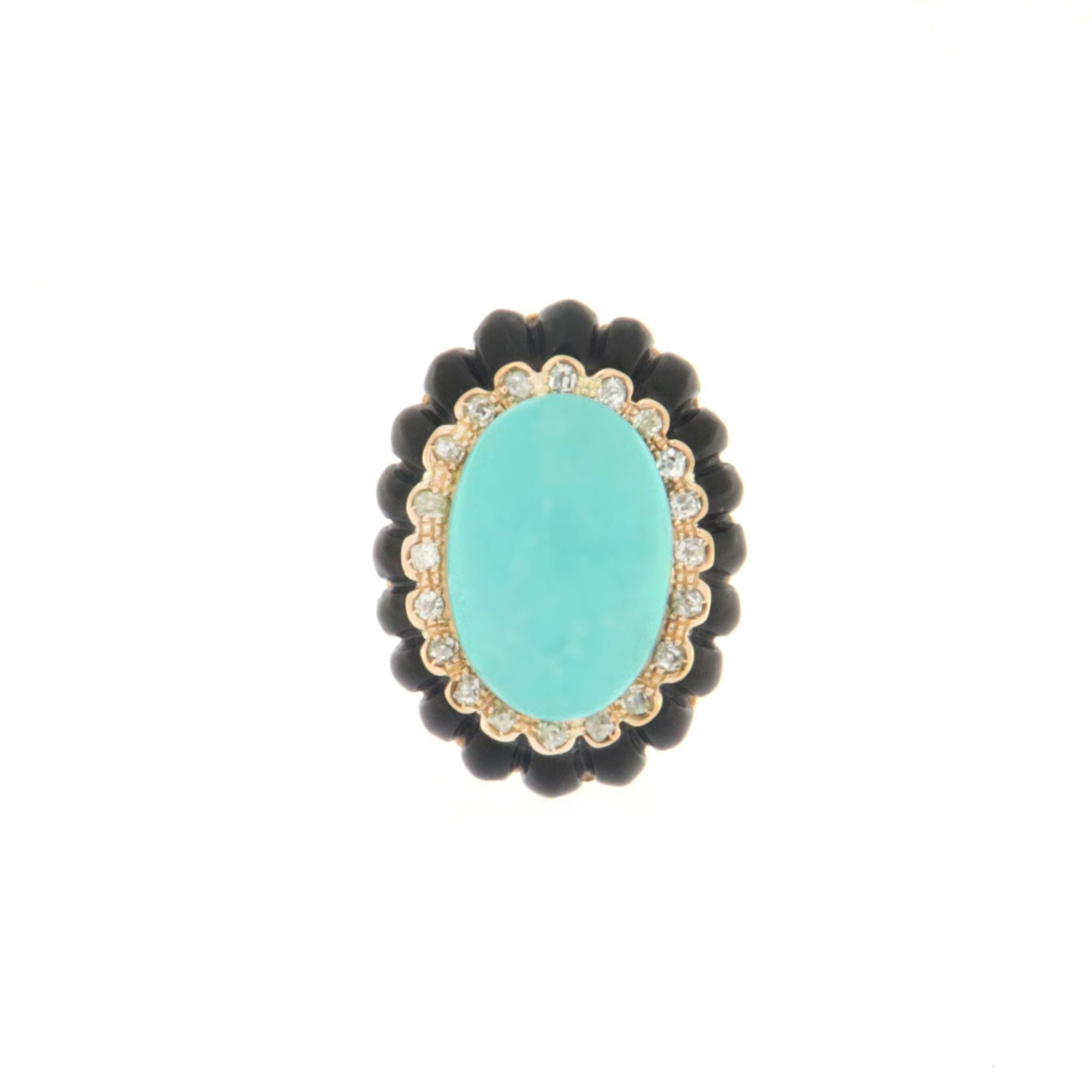 Turquoise Diamonds Onix 14 Karat Yellow Gold Cocktail Ring In New Condition For Sale In Marcianise, IT