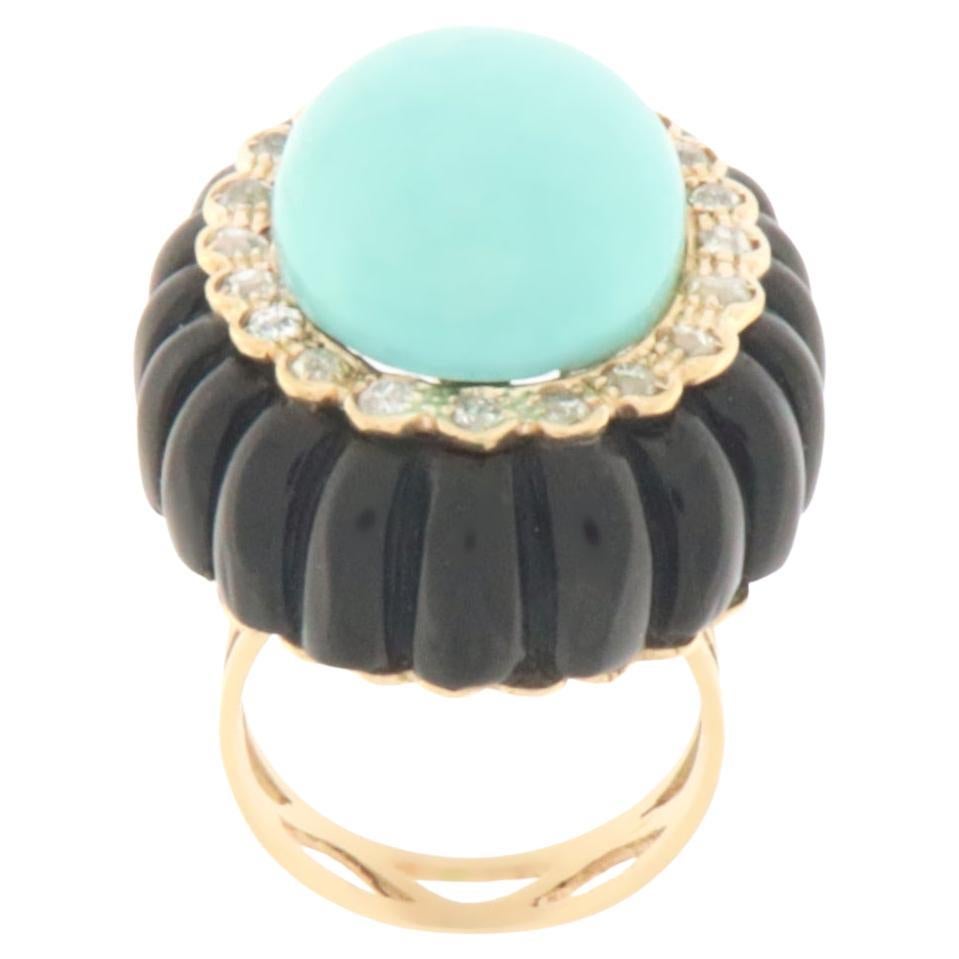 Turquoise Diamonds Onix 14 Karat Yellow Gold Cocktail Ring For Sale
