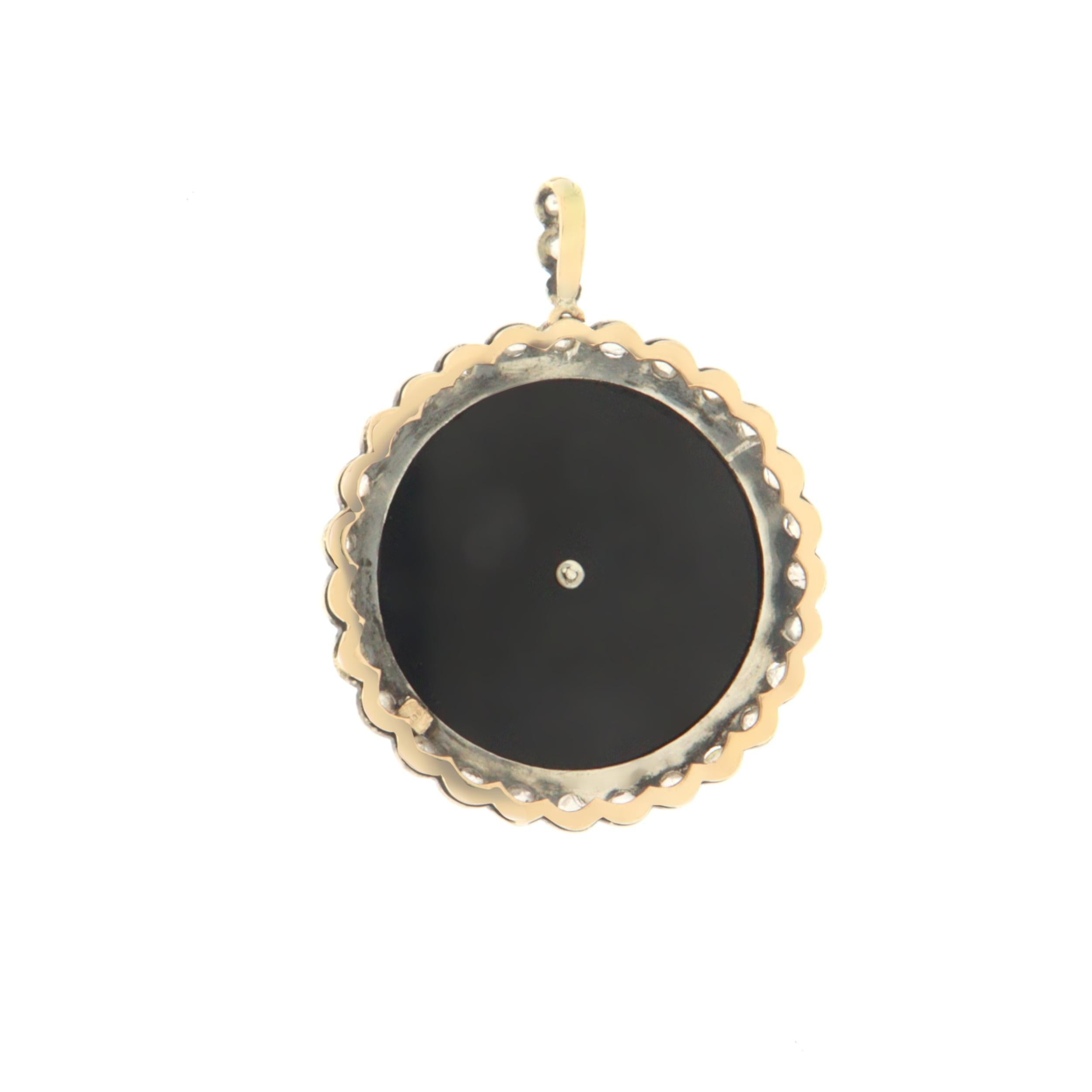 Old European Cut Turquoise Diamonds Onyx 14 Karat Yellow Gold Pendant Necklace For Sale