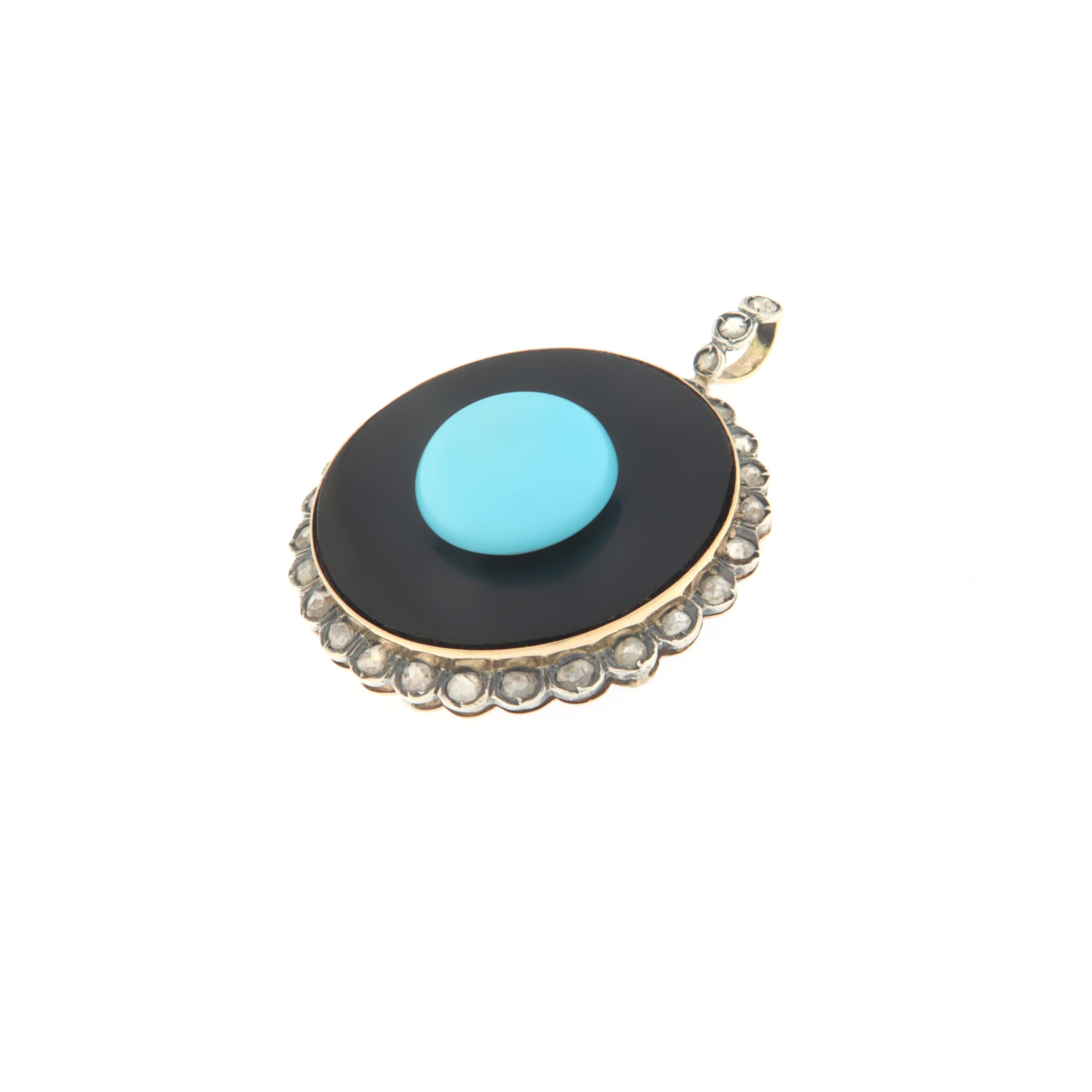 Turquoise Diamonds Onyx 14 Karat Yellow Gold Pendant Necklace In New Condition For Sale In Marcianise, IT