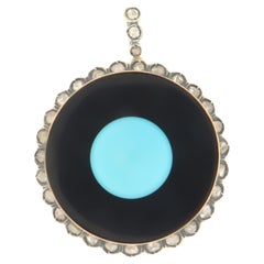 Collier pendentif en or jaune 14 carats avec turquoises, diamants et onyx