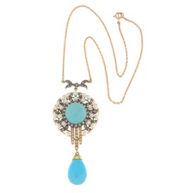 Turquoise Diamonds Pearls 14 Karat Yellow Gold Drop Necklace