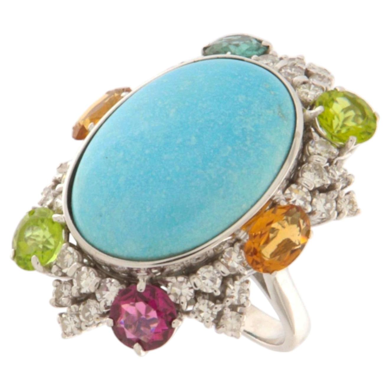 SCALA GIOIELLI 18kt White Gold Turquoise Diamond Cocktail Ring, 1.70ct For Sale