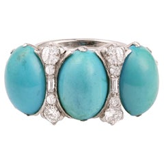 Turquoise Diamonds Platinum 18 Carats White Gold Band Ring