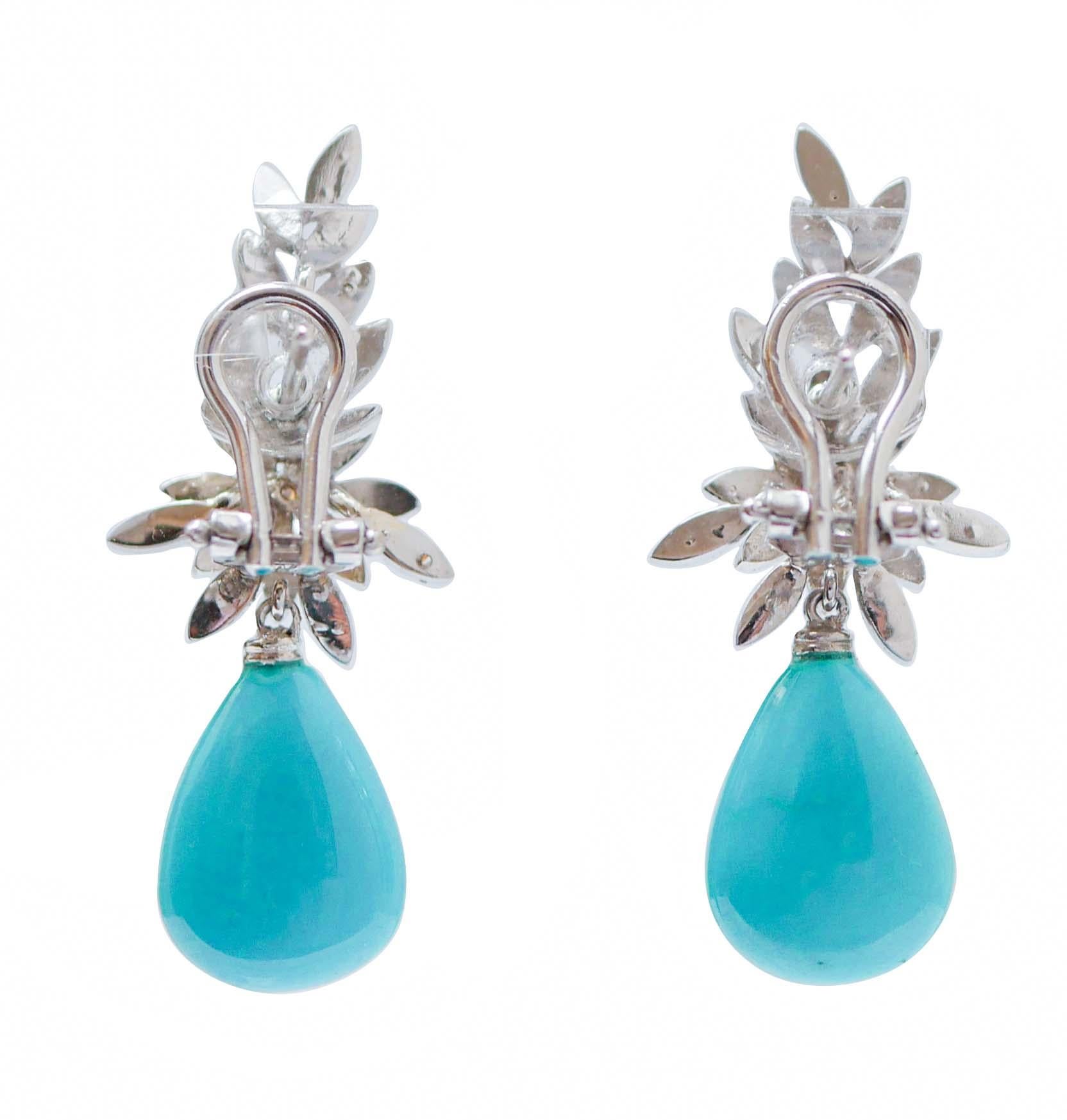 Retro Turquoise, Diamonds, Platinum and 14 Kt White Gold Earrings. For Sale